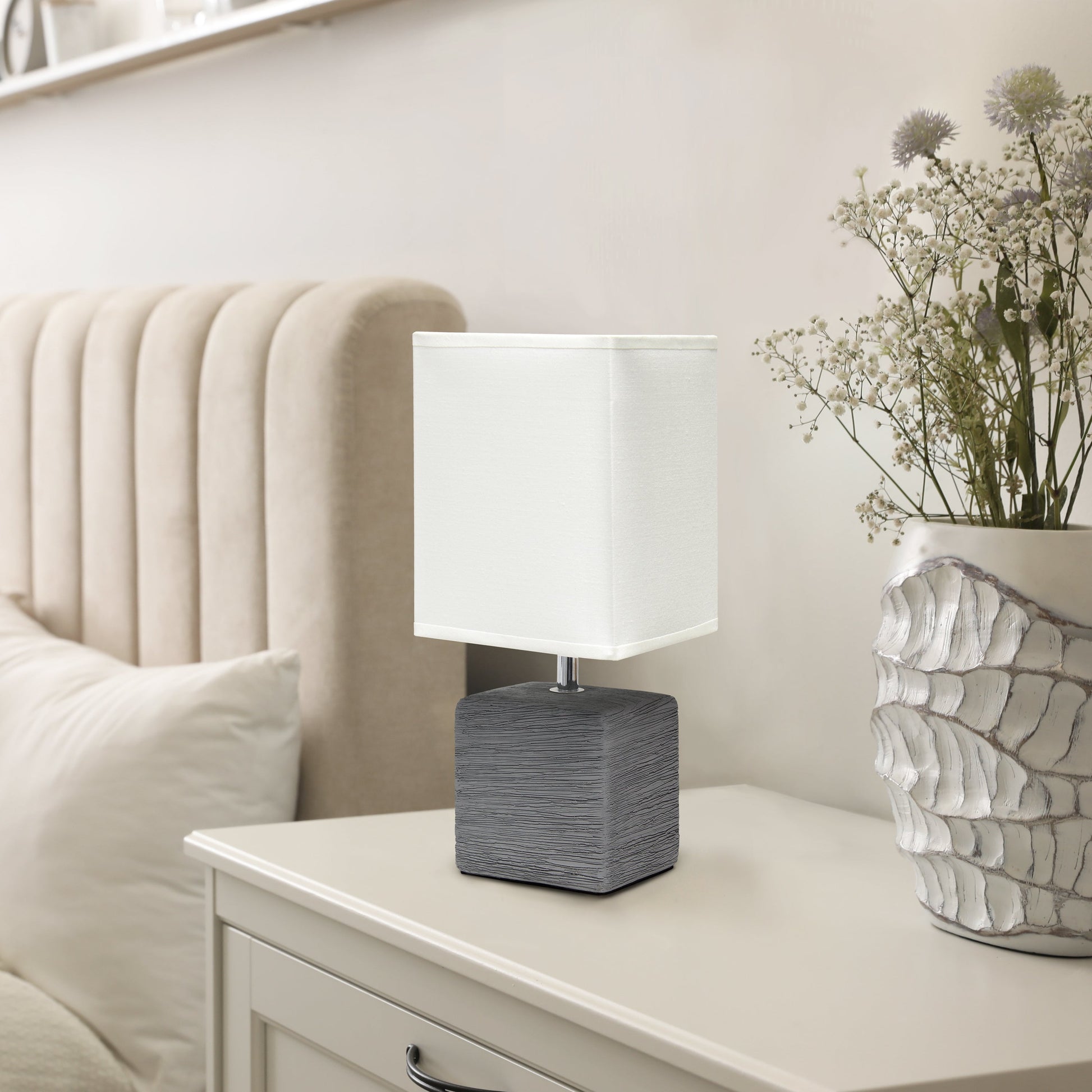 All The Rages Simple Designs Gray Petite Faux Stone Table Lamp With White Fabric Shade