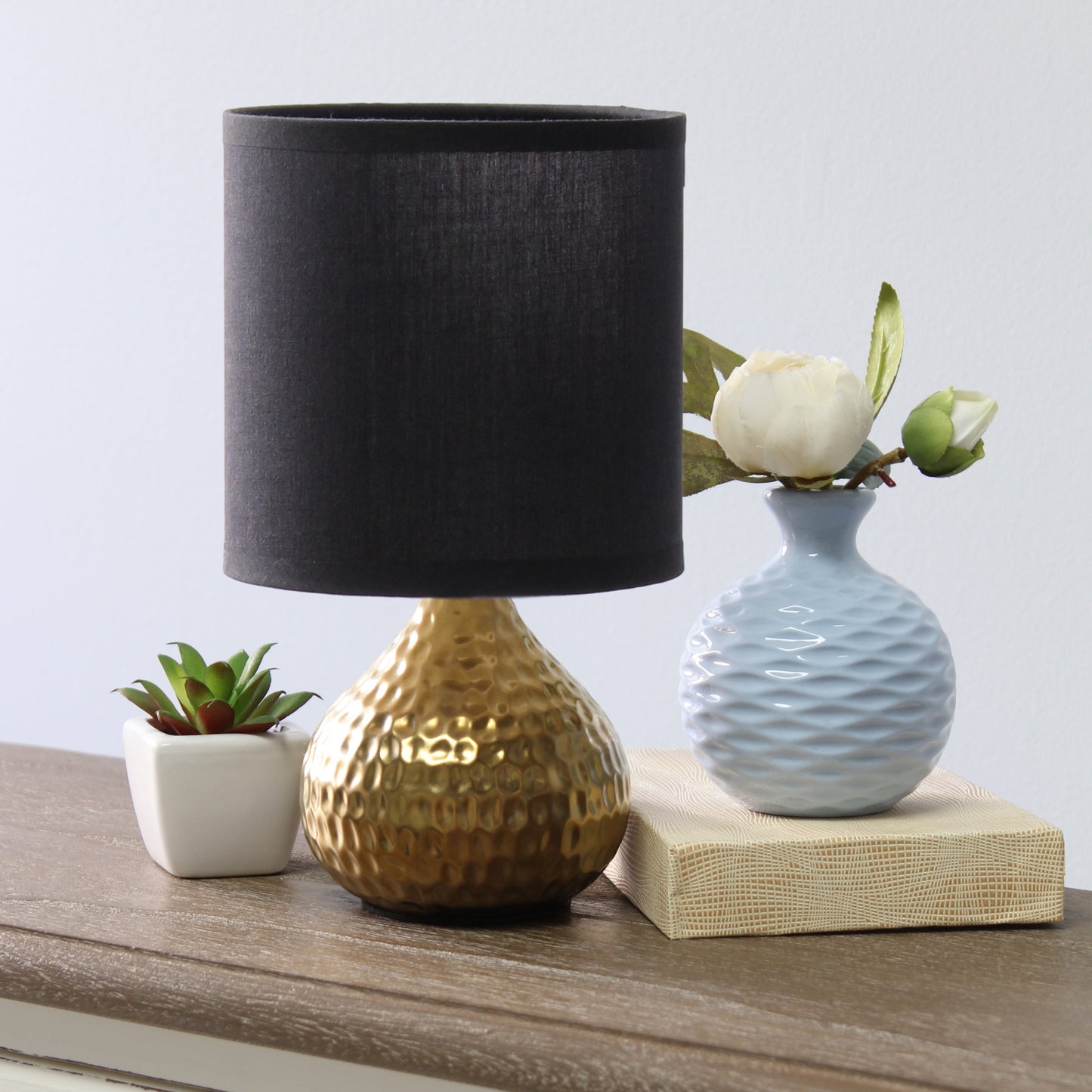 All The Rages Simple Designs Hammered Gold Drip Mini Table Lamp With Black Shade