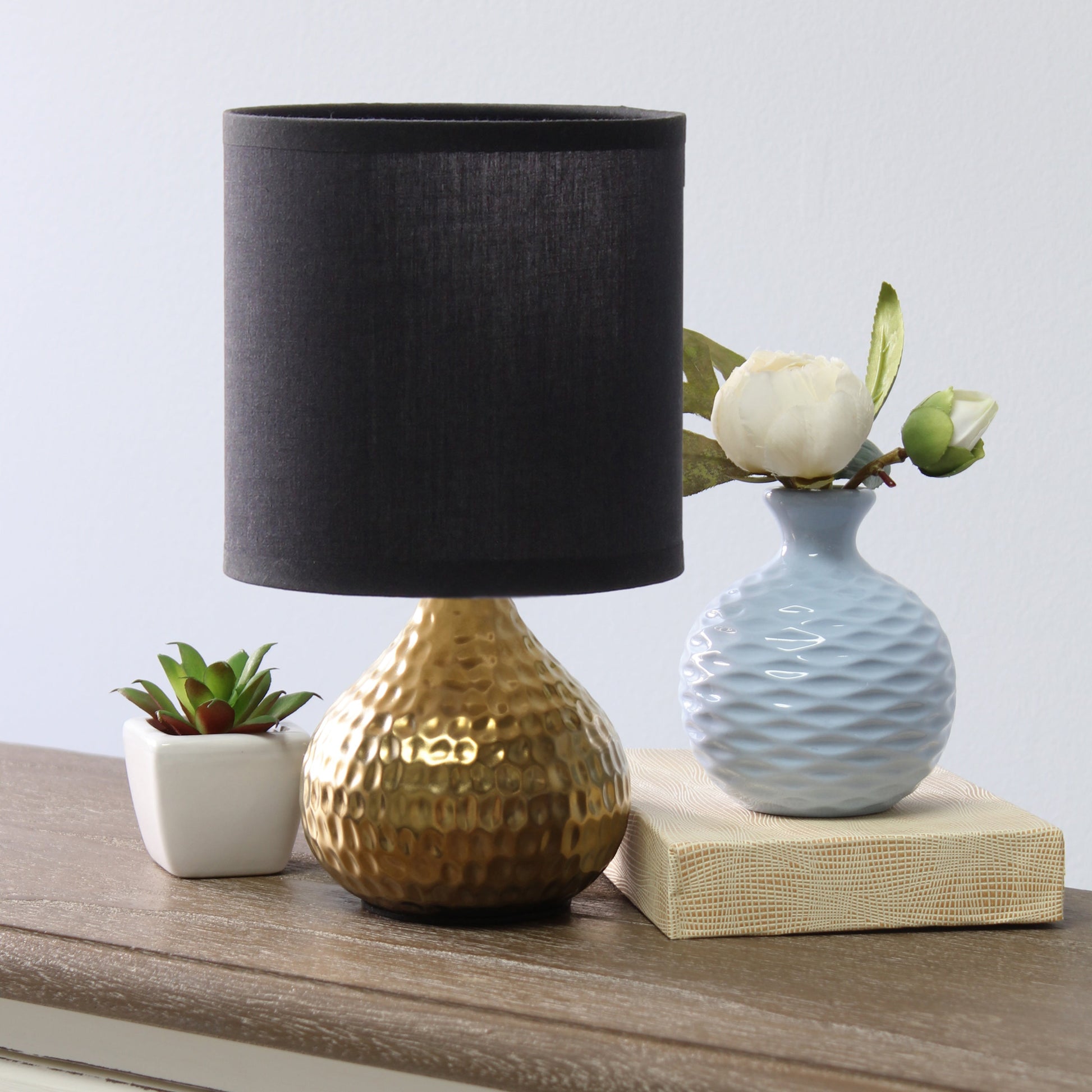 All The Rages Simple Designs Hammered Gold Drip Mini Table Lamp With Black Shade