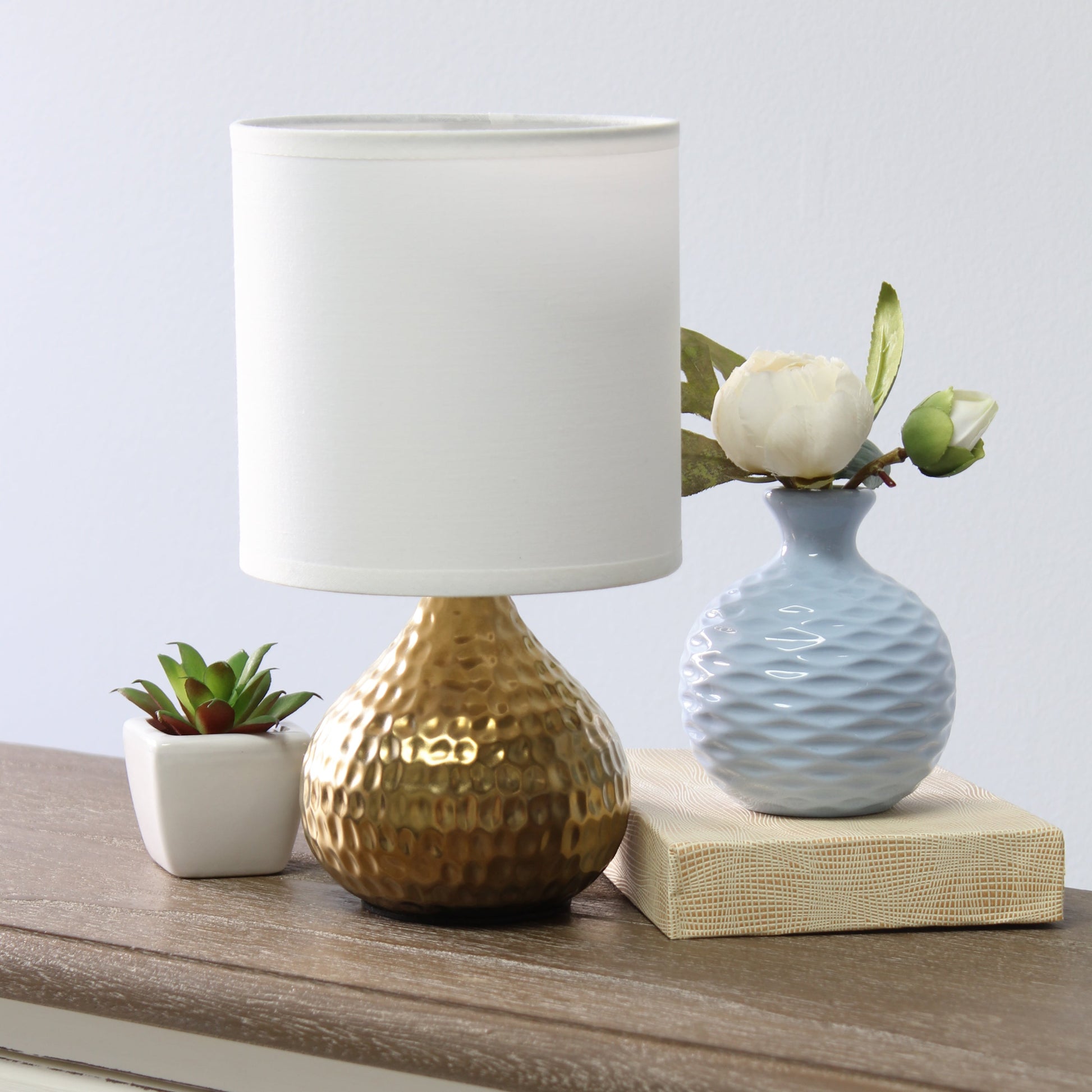 All The Rages Simple Designs Hammered Gold Drip Mini Table Lamp With White Shade