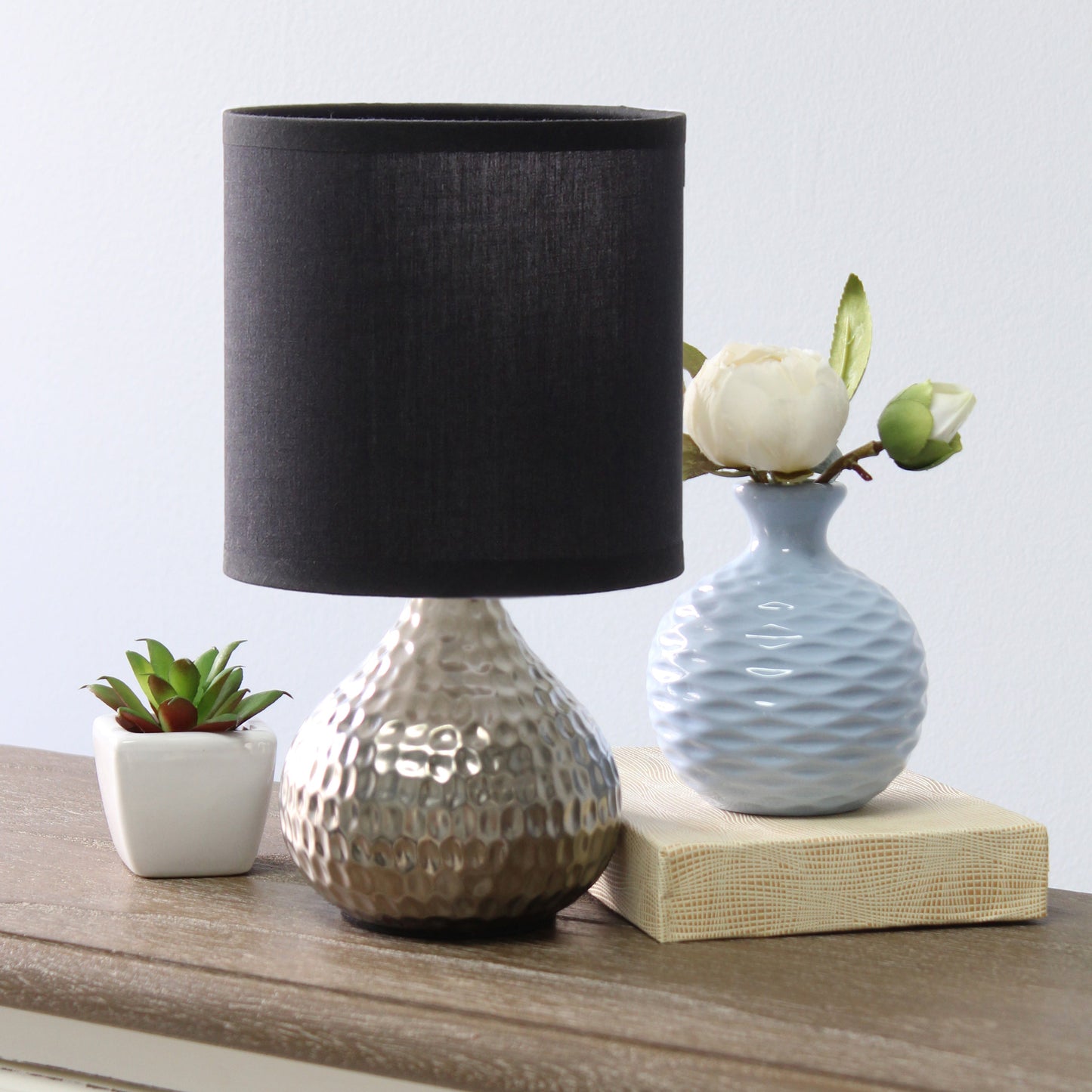 All The Rages Simple Designs Hammered Silver Drip Mini Table Lamp With Black Shade