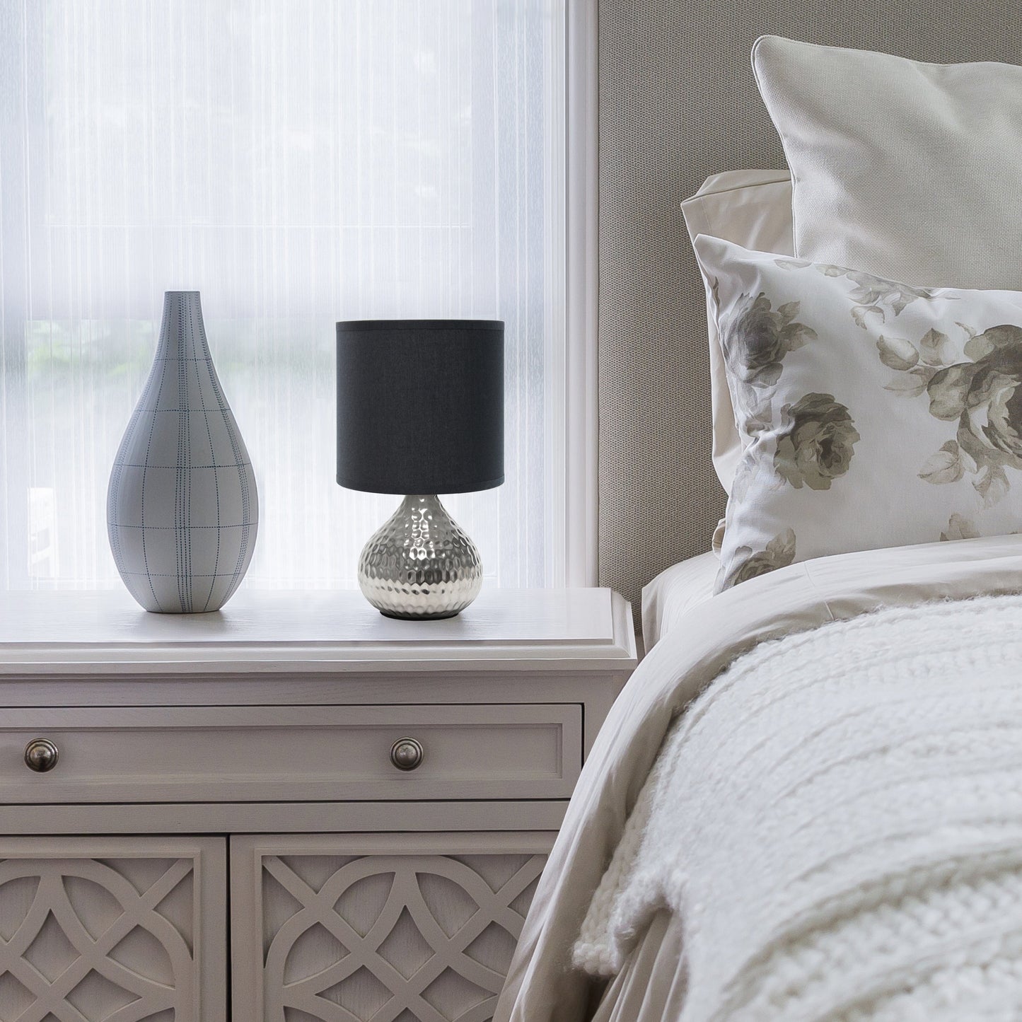 All The Rages Simple Designs Hammered Silver Drip Mini Table Lamp With Black Shade