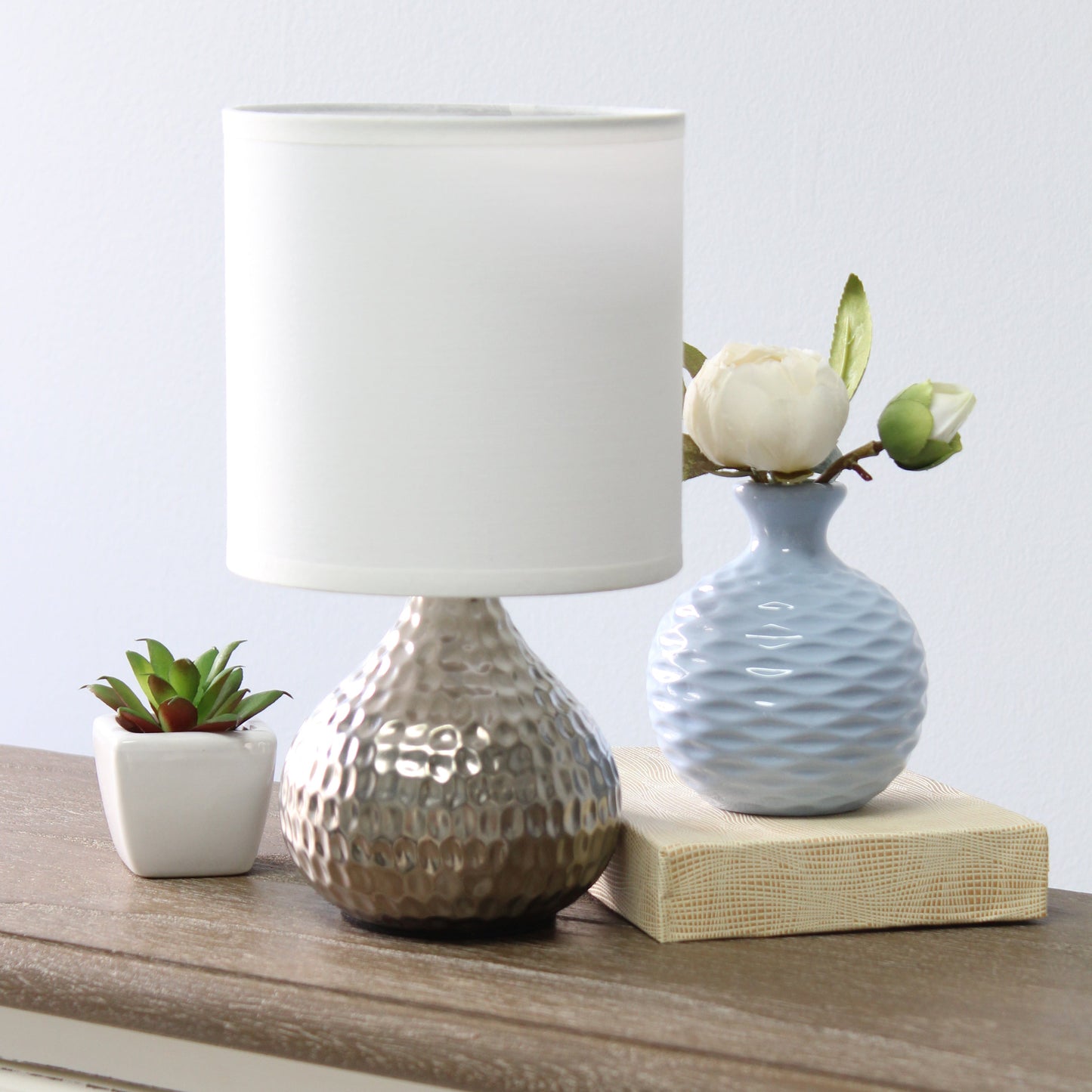 All The Rages Simple Designs Hammered Silver Drip Mini Table Lamp With White Shade