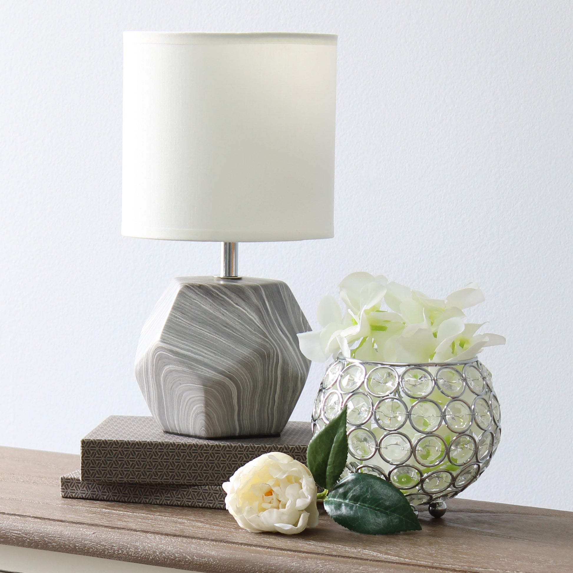 All The Rages Simple Designs Marbled Round Prism Mini Table Lamp With Matching Fabric Shade