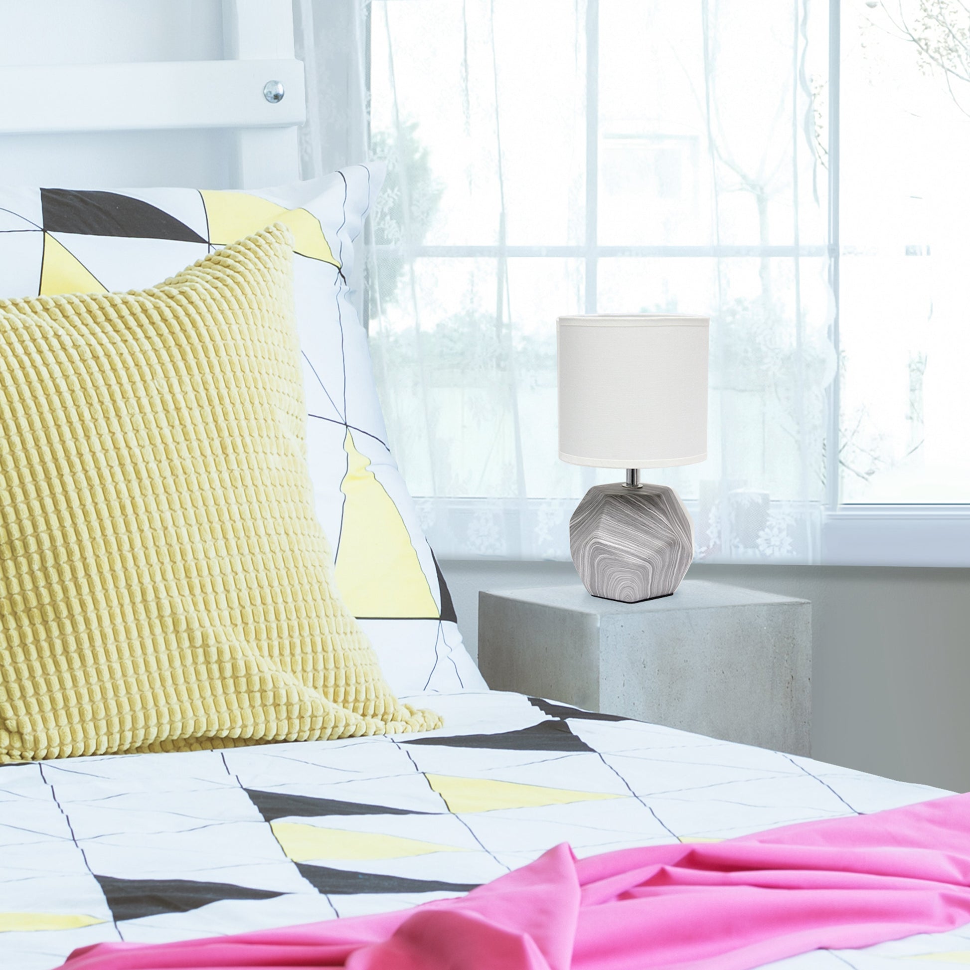 All The Rages Simple Designs Marbled Round Prism Mini Table Lamp With Matching Fabric Shade