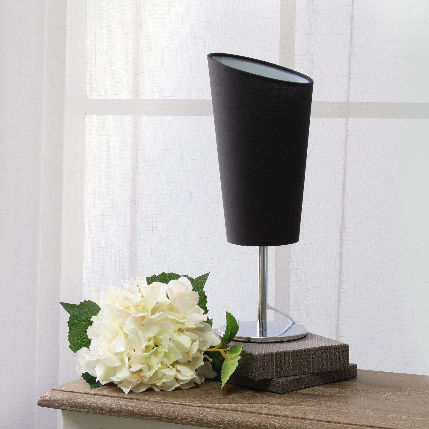 All The Rages Simple Designs Mini Chrome Table Lamp With Black Angled Fabric Shade