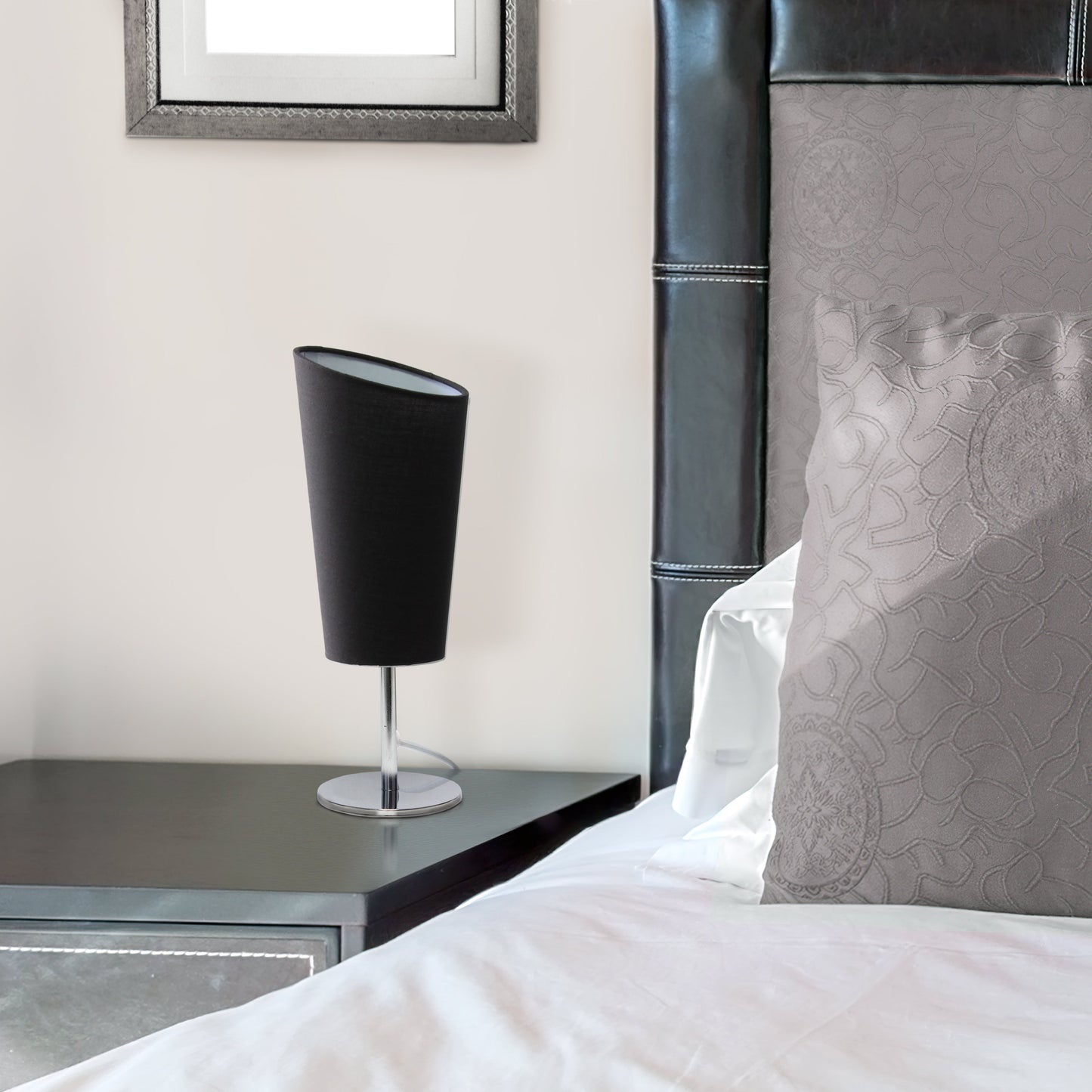 All The Rages Simple Designs Mini Chrome Table Lamp With Black Angled Fabric Shade