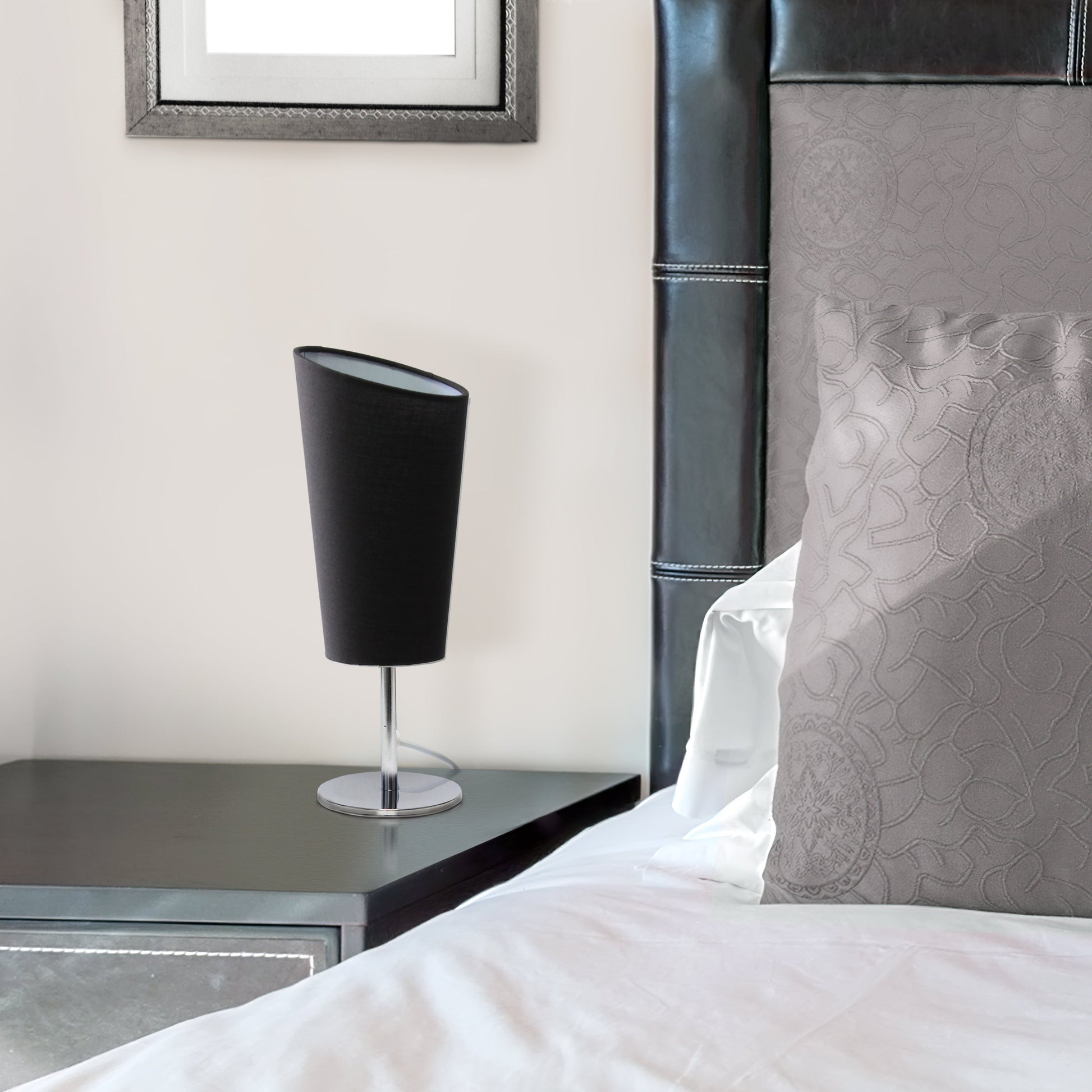 All The Rages Simple Designs Mini Chrome Table Lamp With Black Angled Fabric Shade