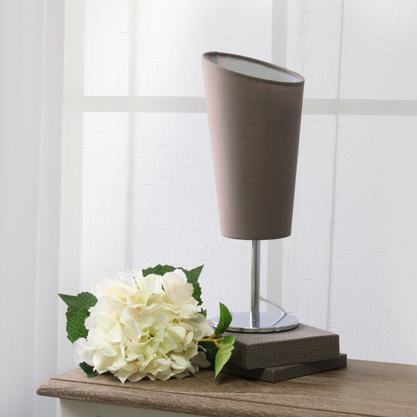 All The Rages Simple Designs Mini Chrome Table Lamp With Gray Angled Fabric Shade