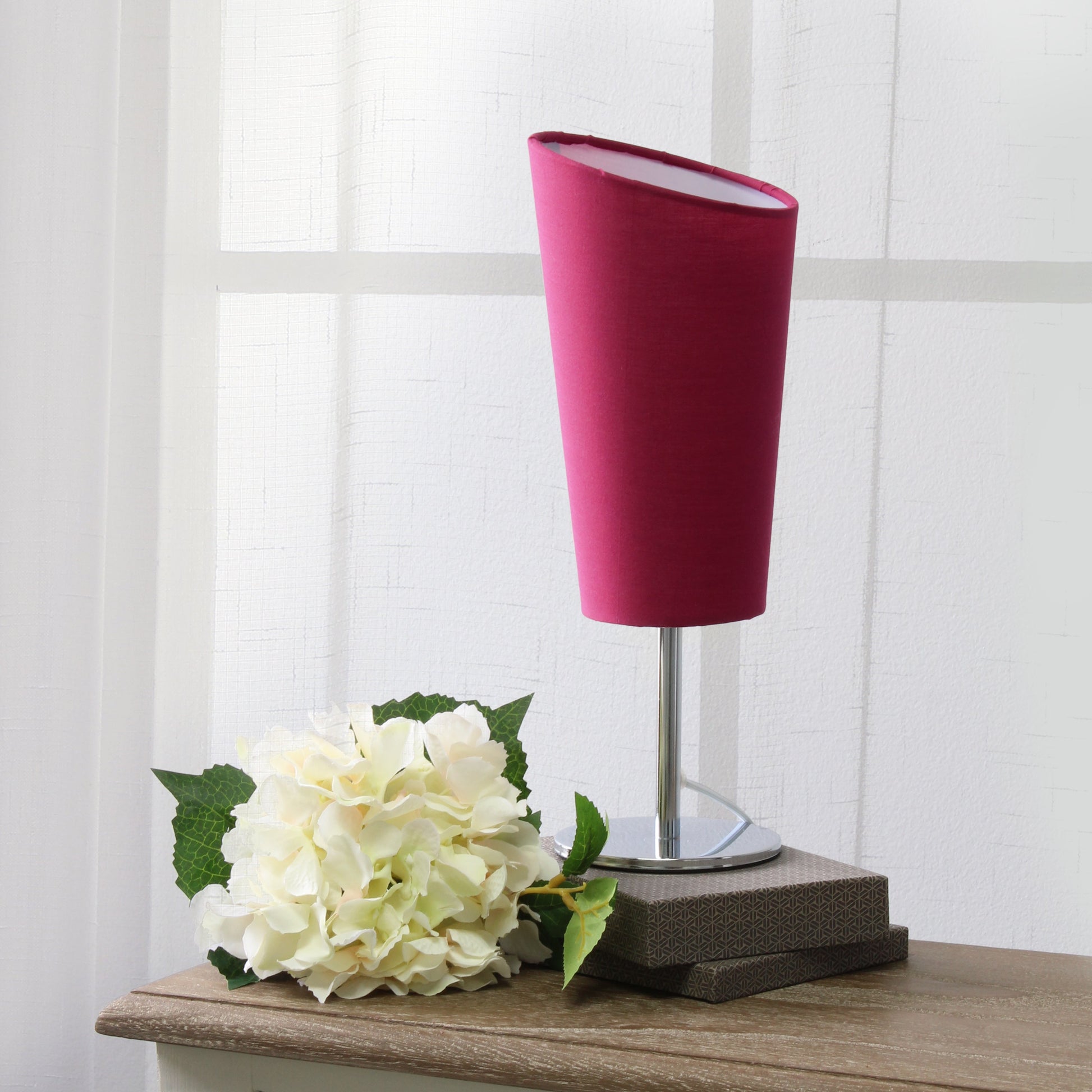 All The Rages Simple Designs Mini Chrome Table Lamp With Pink Angled Fabric Shade