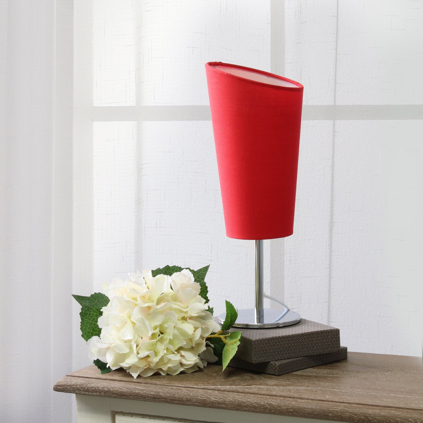 All The Rages Simple Designs Mini Chrome Table Lamp With Red Angled Fabric Shade