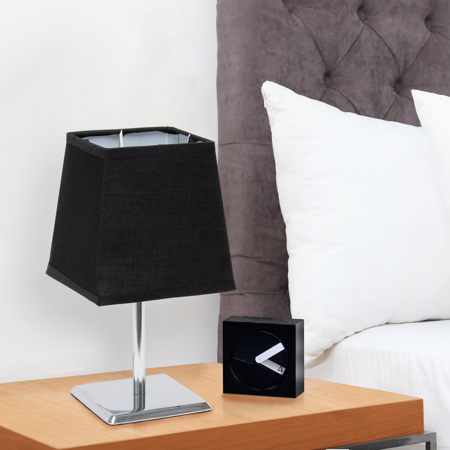 All The Rages Simple Designs Mini Chrome Table Lamp With Squared Black Empire Fabric Shade
