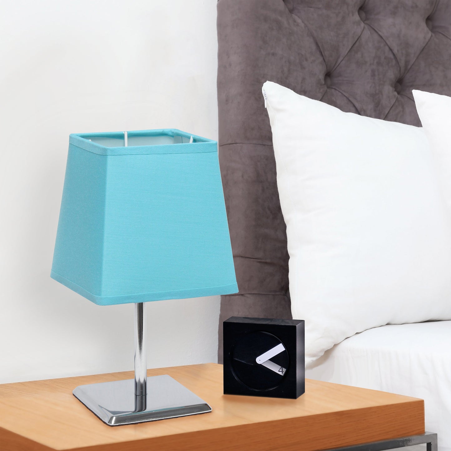 All The Rages Simple Designs Mini Chrome Table Lamp With Squared Blue Empire Fabric Shade