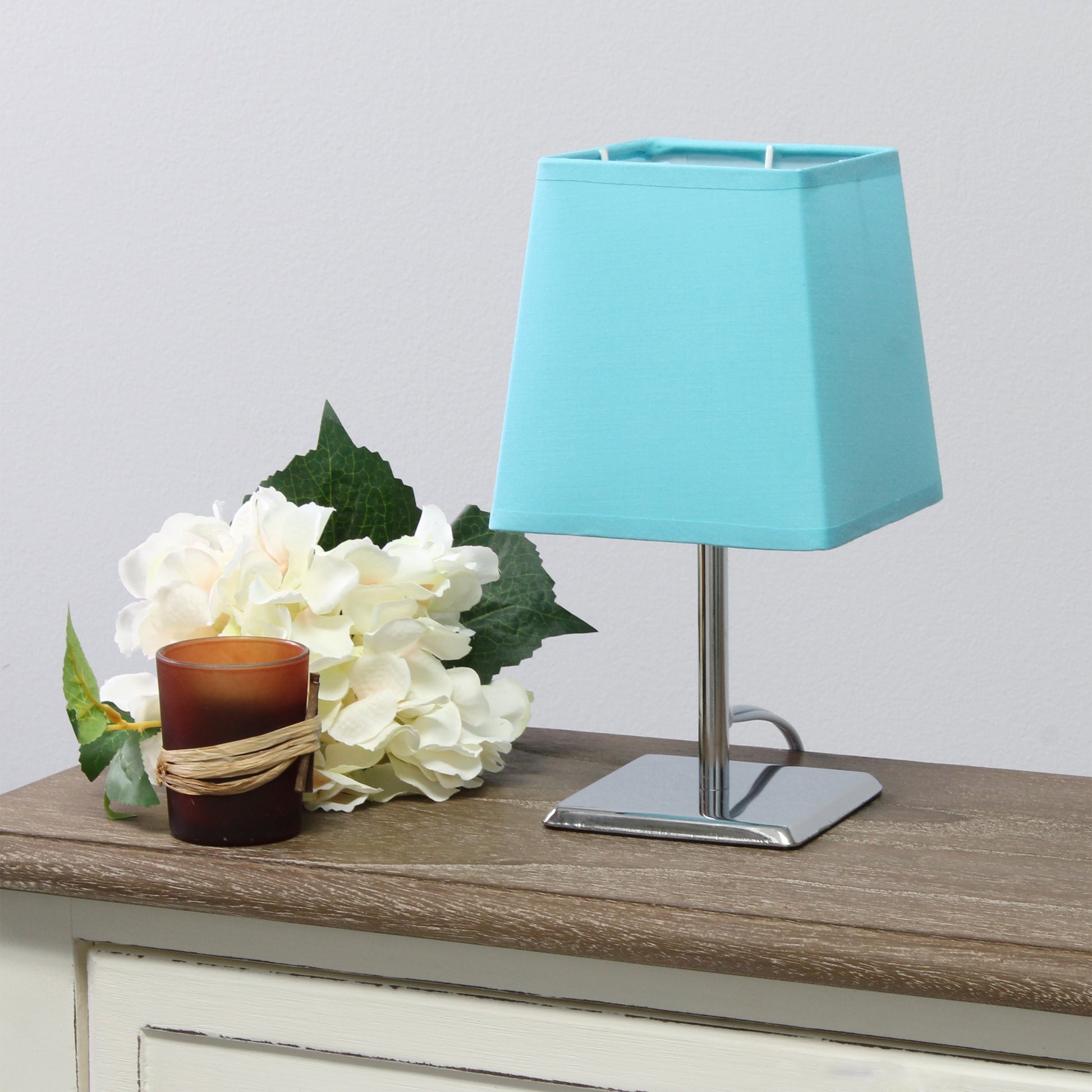 All The Rages Simple Designs Mini Chrome Table Lamp With Squared Blue Empire Fabric Shade
