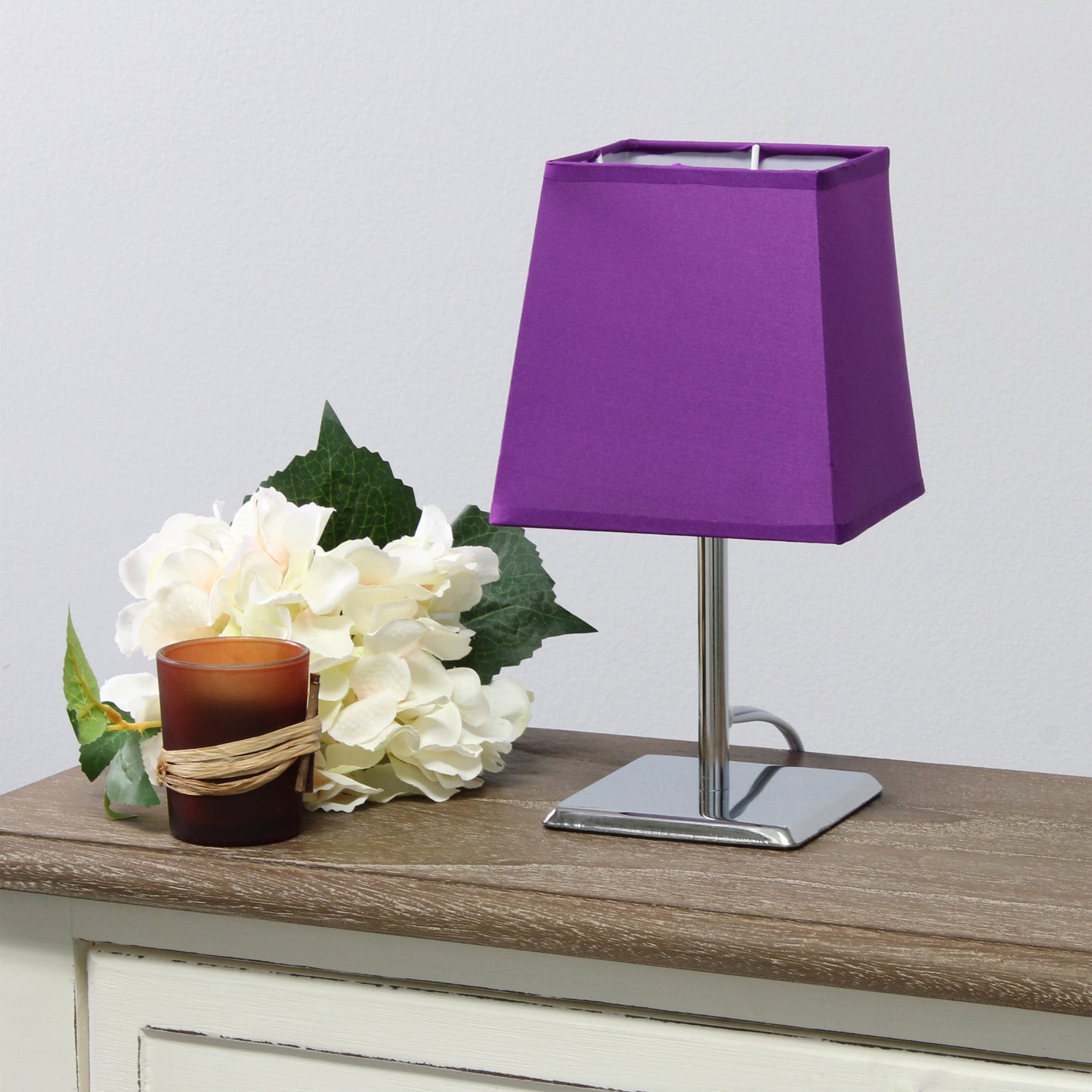 All The Rages Simple Designs Mini Chrome Table Lamp With Squared Purple Empire Fabric Shade