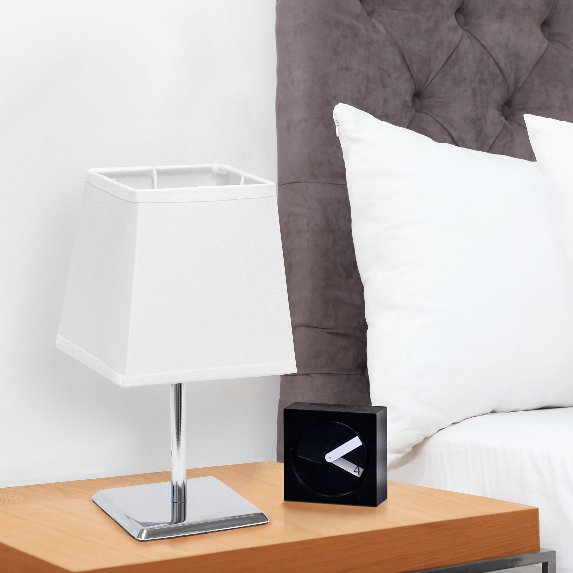 All The Rages Simple Designs Mini Chrome Table Lamp With Squared White Empire Fabric Shade