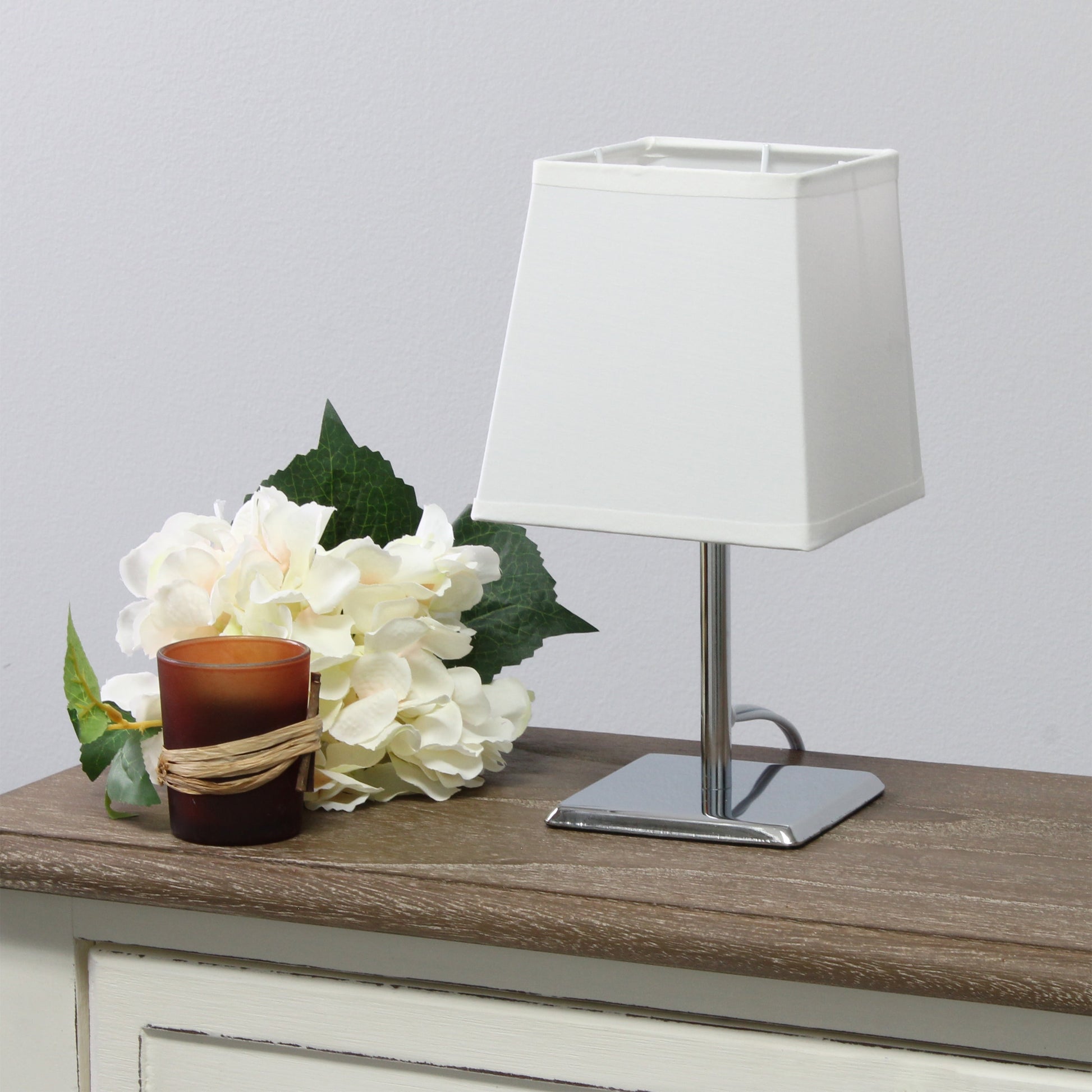 All The Rages Simple Designs Mini Chrome Table Lamp With Squared White Empire Fabric Shade