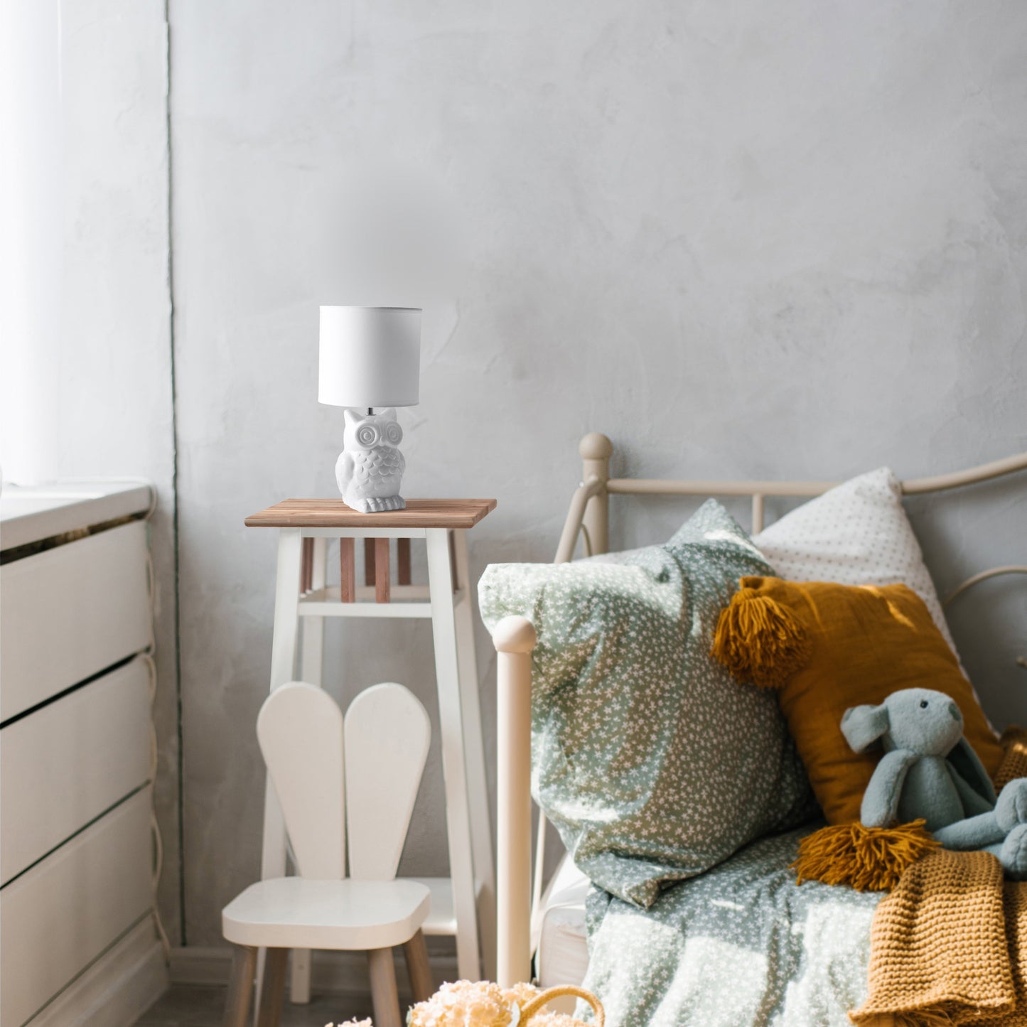 All The Rages Simple Designs Off White 13" Ceramic Owl Table Lamp With Matching Fabric Shade