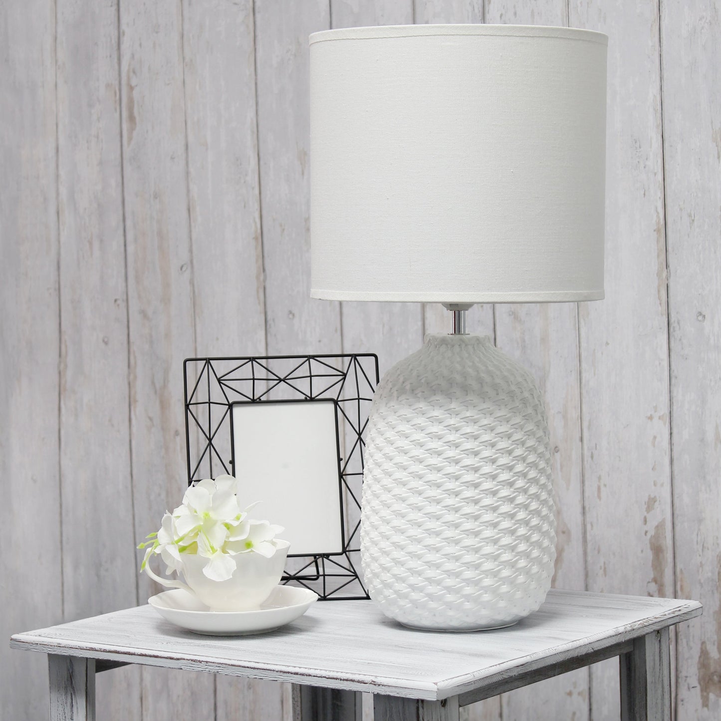 All The Rages Simple Designs Off White 20" Ceramic Purled Texture Table Lamp With White Fabric Drum Shade