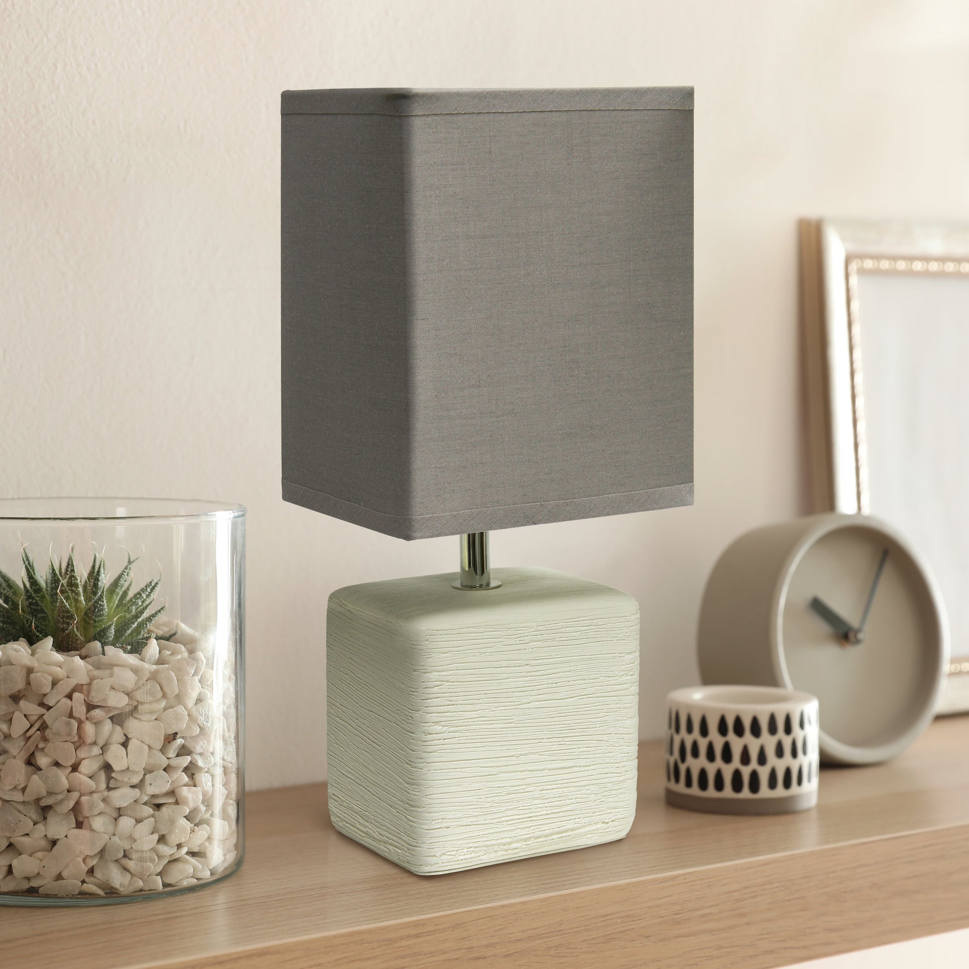 All The Rages Simple Designs Off-White Petite Faux Stone Table Lamp With Gray Fabric Shade