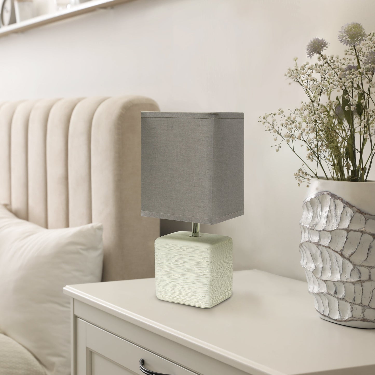 All The Rages Simple Designs Off-White Petite Faux Stone Table Lamp With Gray Fabric Shade