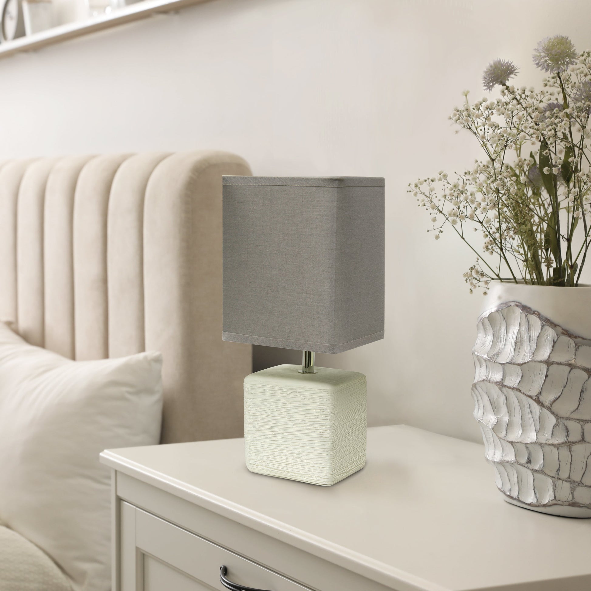 All The Rages Simple Designs Off-White Petite Faux Stone Table Lamp With Gray Fabric Shade