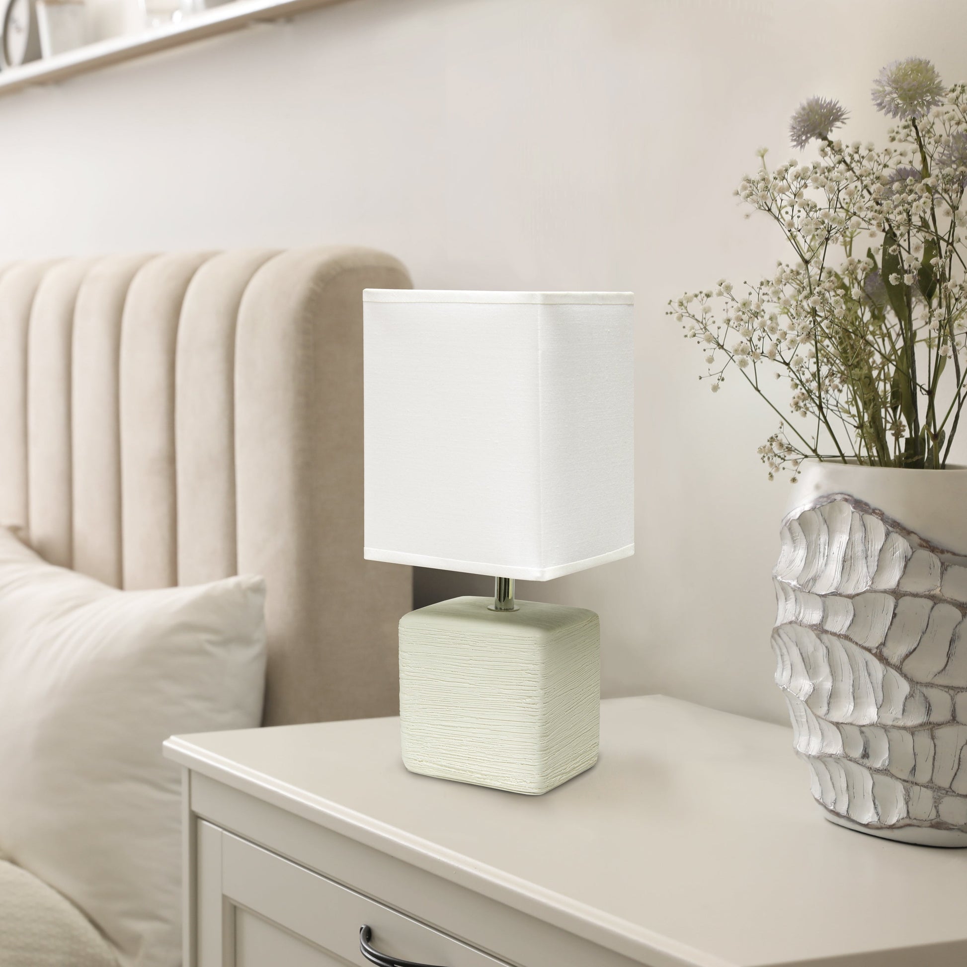 All The Rages Simple Designs Off-White Petite Faux Stone Table Lamp With White Fabric Shade
