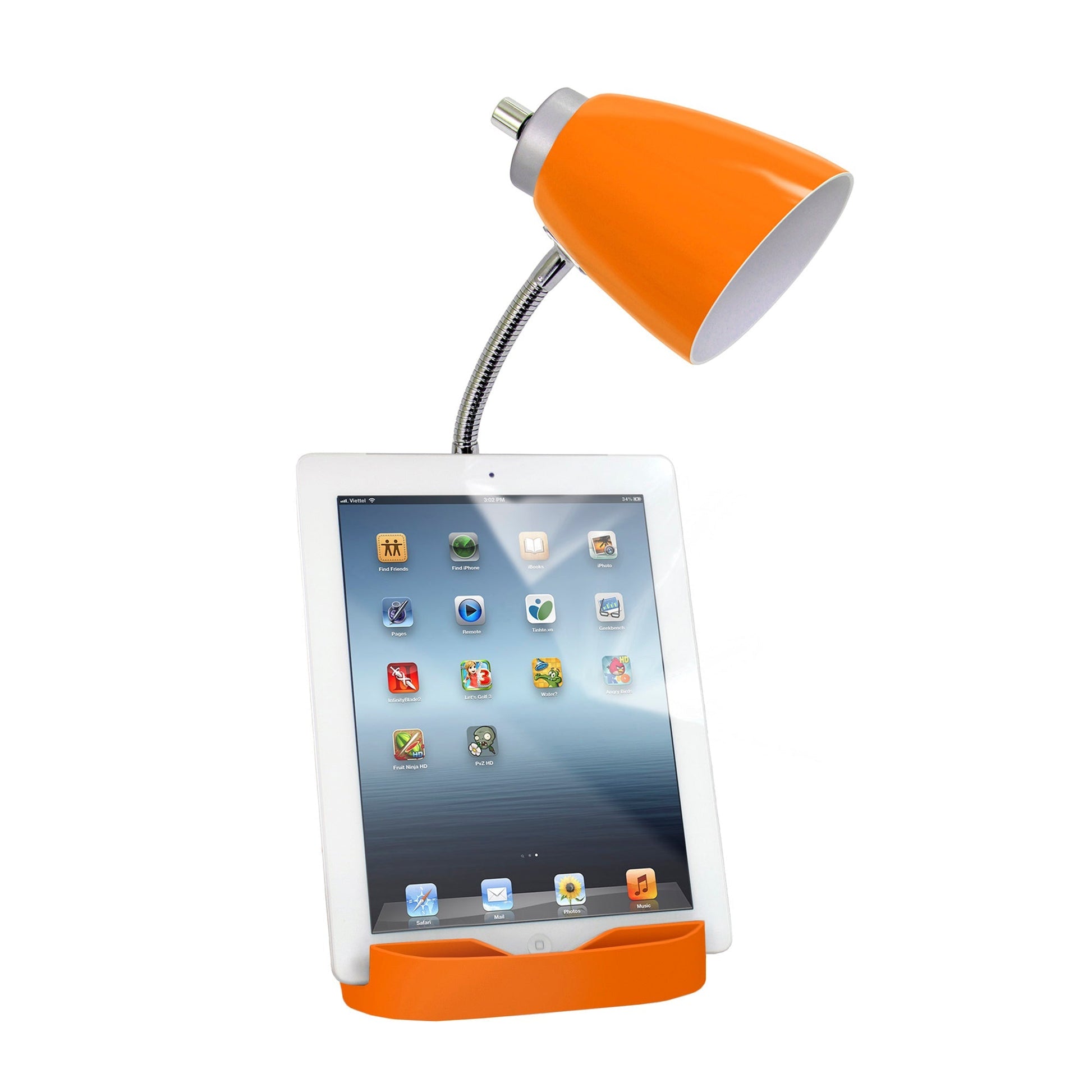 All The Rages Simple Designs Orange Semi-Flexible Desk Lamp With iPad Tablet Stand Book Holder & USB Charging Outlet