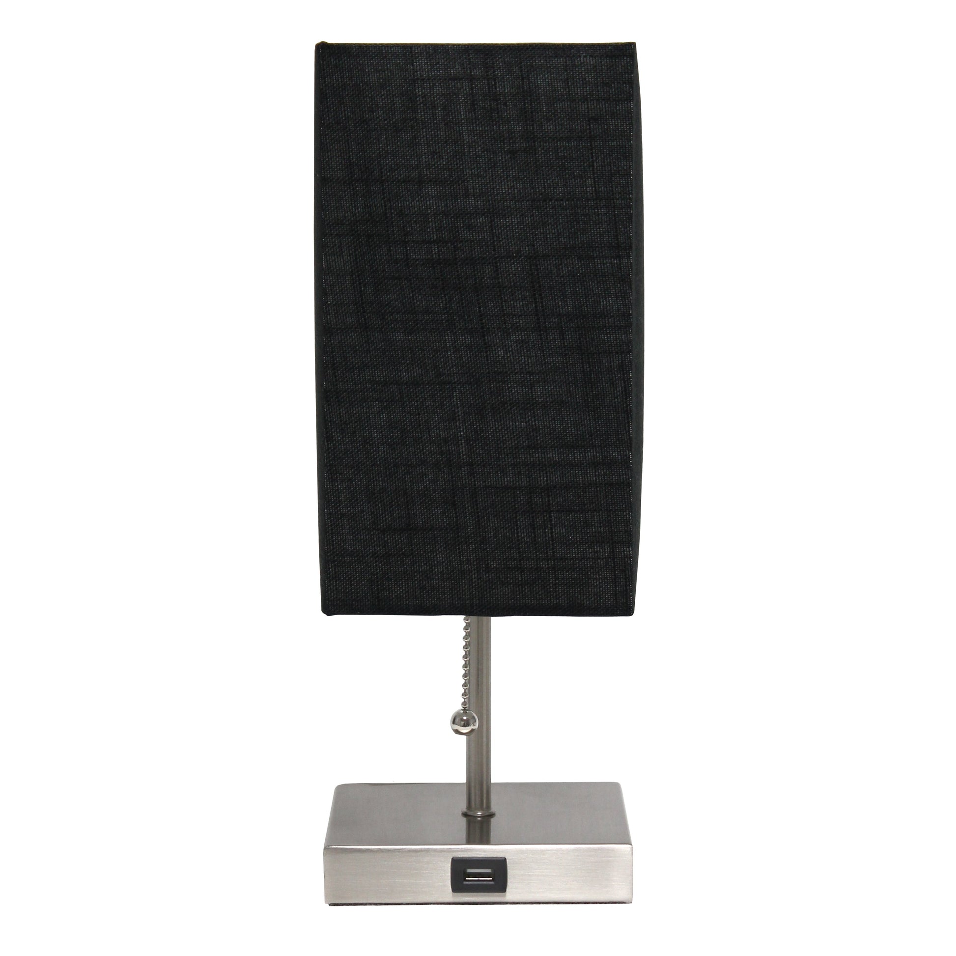 All The Rages Simple Designs Petite Brushed Nickel Stick Lamp With USB Charging Port & Black Fabric Shade