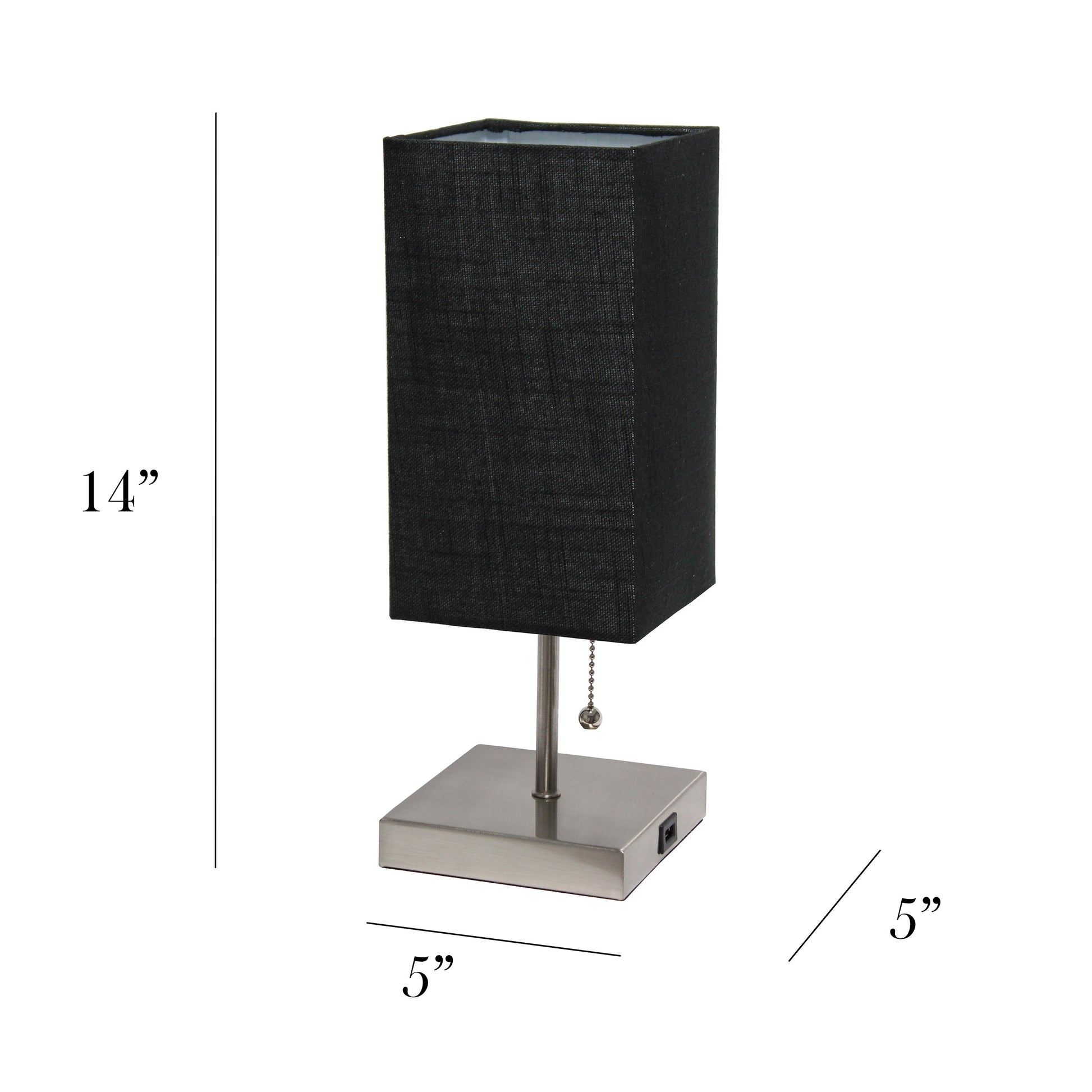 All The Rages Simple Designs Petite Brushed Nickel Stick Lamp With USB Charging Port & Black Fabric Shade