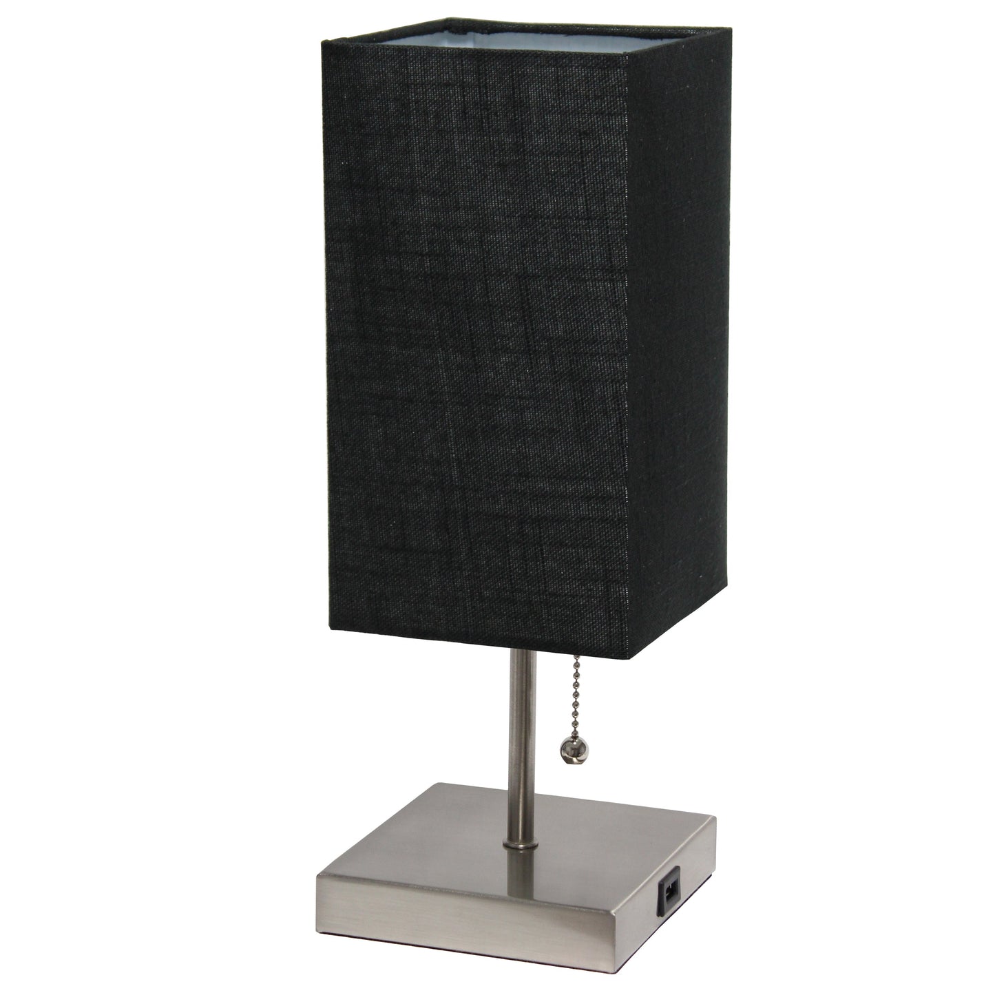 All The Rages Simple Designs Petite Brushed Nickel Stick Lamp With USB Charging Port & Black Fabric Shade