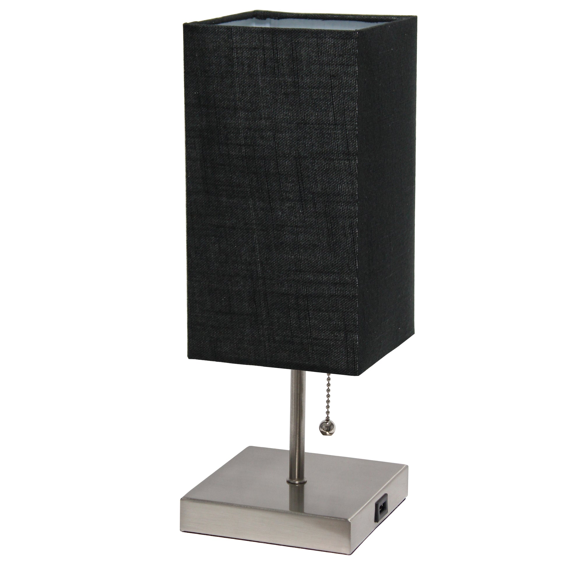 All The Rages Simple Designs Petite Brushed Nickel Stick Lamp With USB Charging Port & Black Fabric Shade