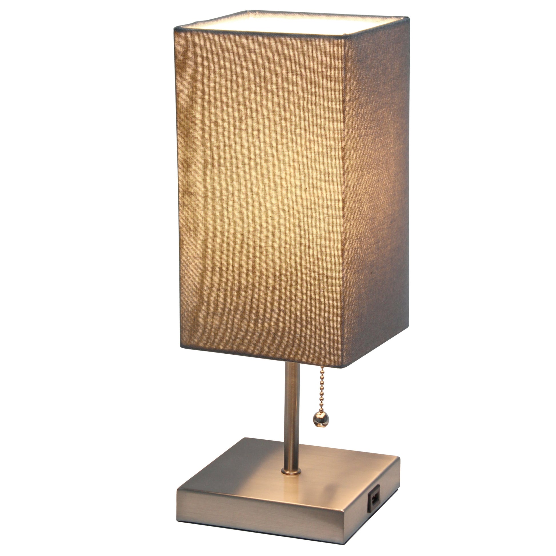 All The Rages Simple Designs Petite Brushed Nickel Stick Lamp With USB Charging Port & Gray Fabric Shade