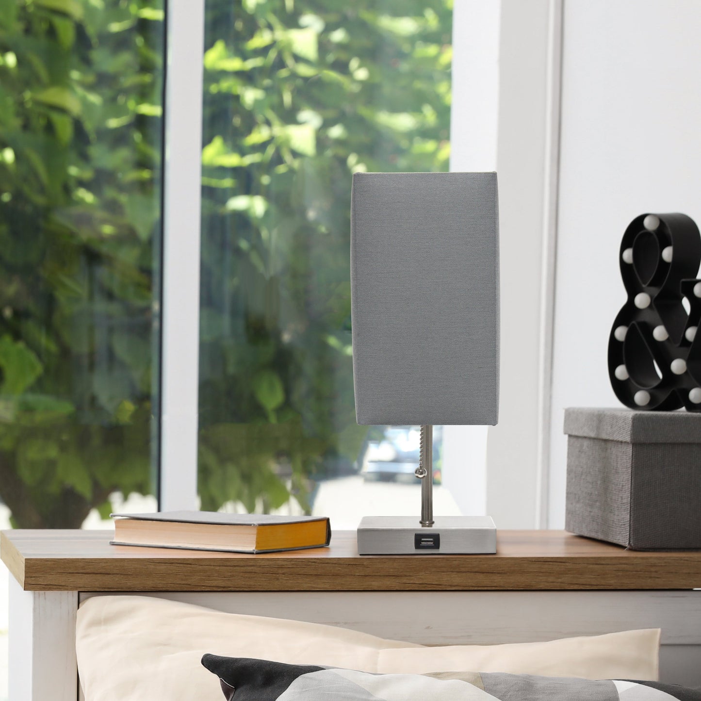 All The Rages Simple Designs Petite Brushed Nickel Stick Lamp With USB Charging Port & Gray Fabric Shade