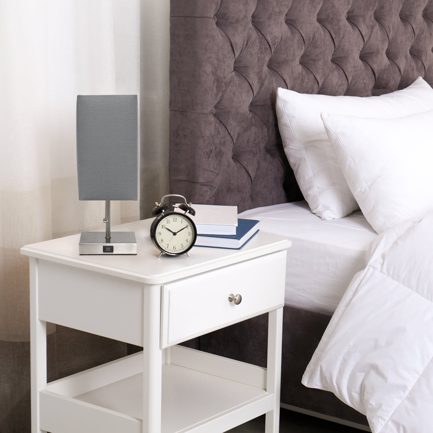 All The Rages Simple Designs Petite Brushed Nickel Stick Lamp With USB Charging Port & Gray Fabric Shade