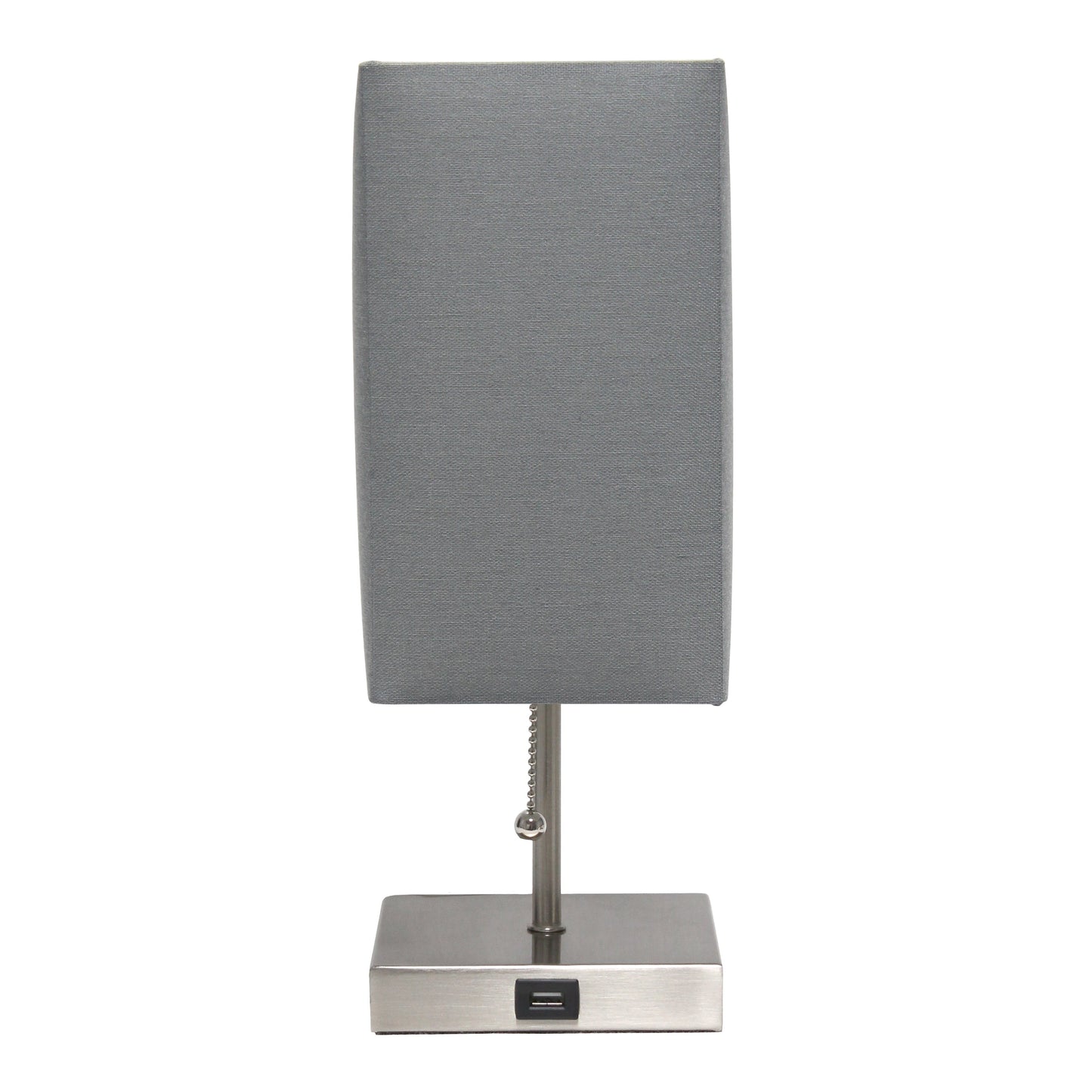 All The Rages Simple Designs Petite Brushed Nickel Stick Lamp With USB Charging Port & Gray Fabric Shade