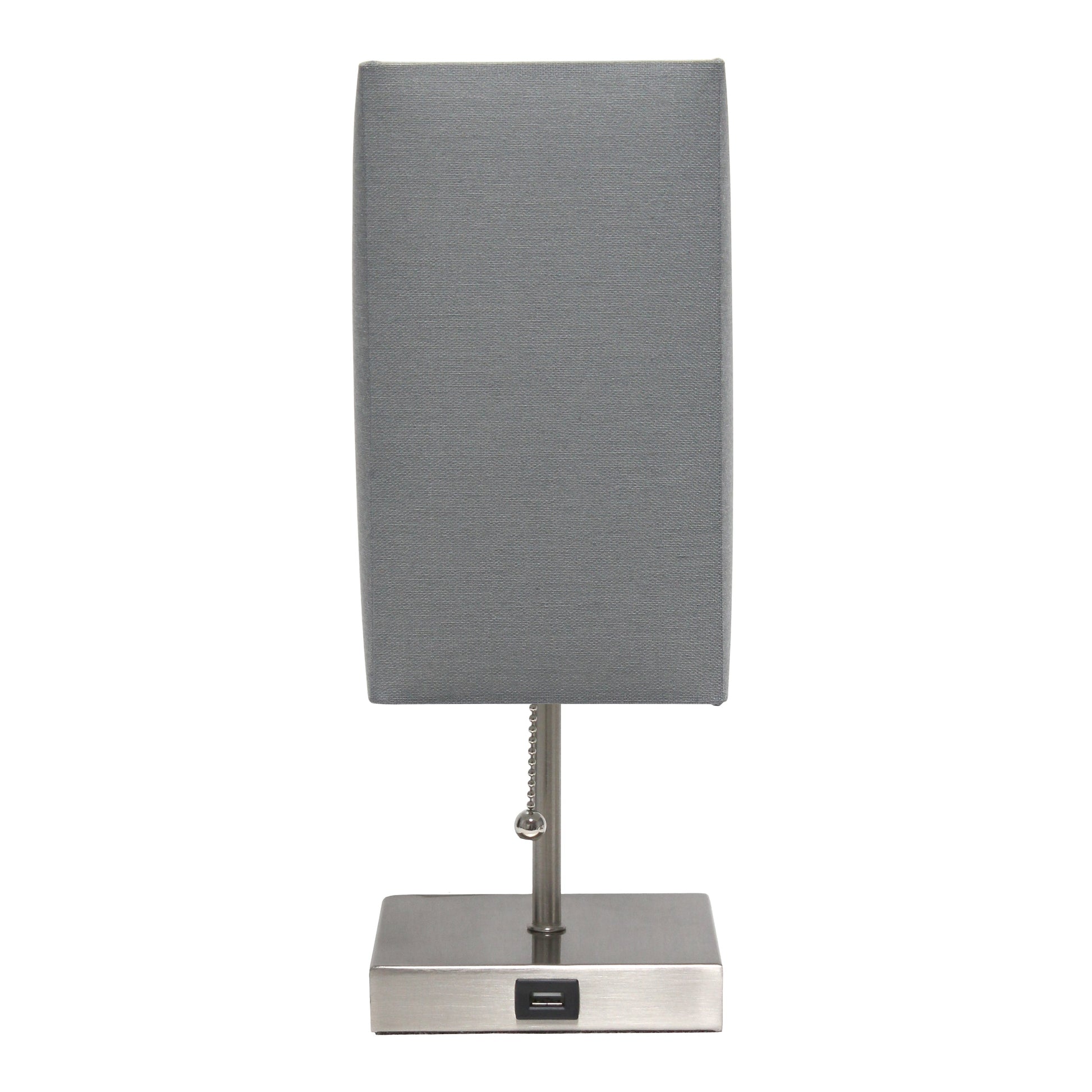 All The Rages Simple Designs Petite Brushed Nickel Stick Lamp With USB Charging Port & Gray Fabric Shade