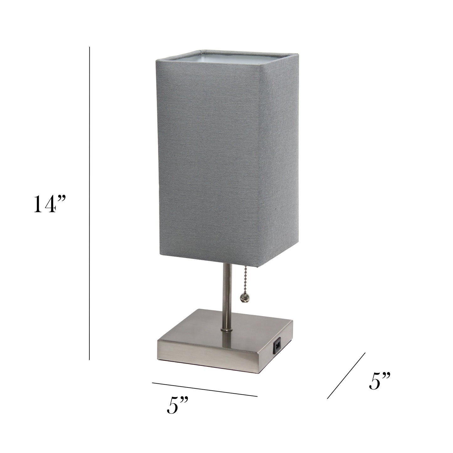All The Rages Simple Designs Petite Brushed Nickel Stick Lamp With USB Charging Port & Gray Fabric Shade