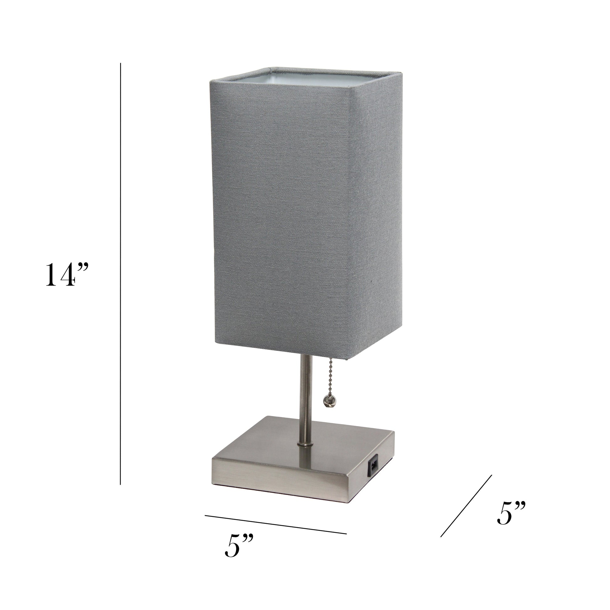 All The Rages Simple Designs Petite Brushed Nickel Stick Lamp With USB Charging Port & Gray Fabric Shade