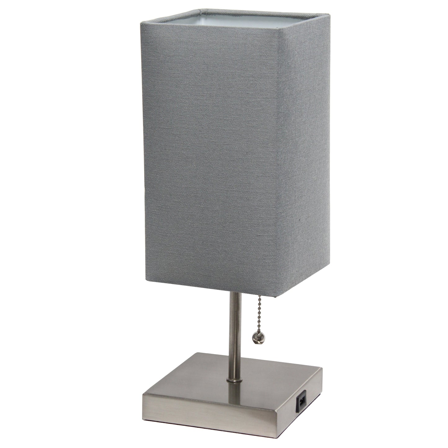 All The Rages Simple Designs Petite Brushed Nickel Stick Lamp With USB Charging Port & Gray Fabric Shade