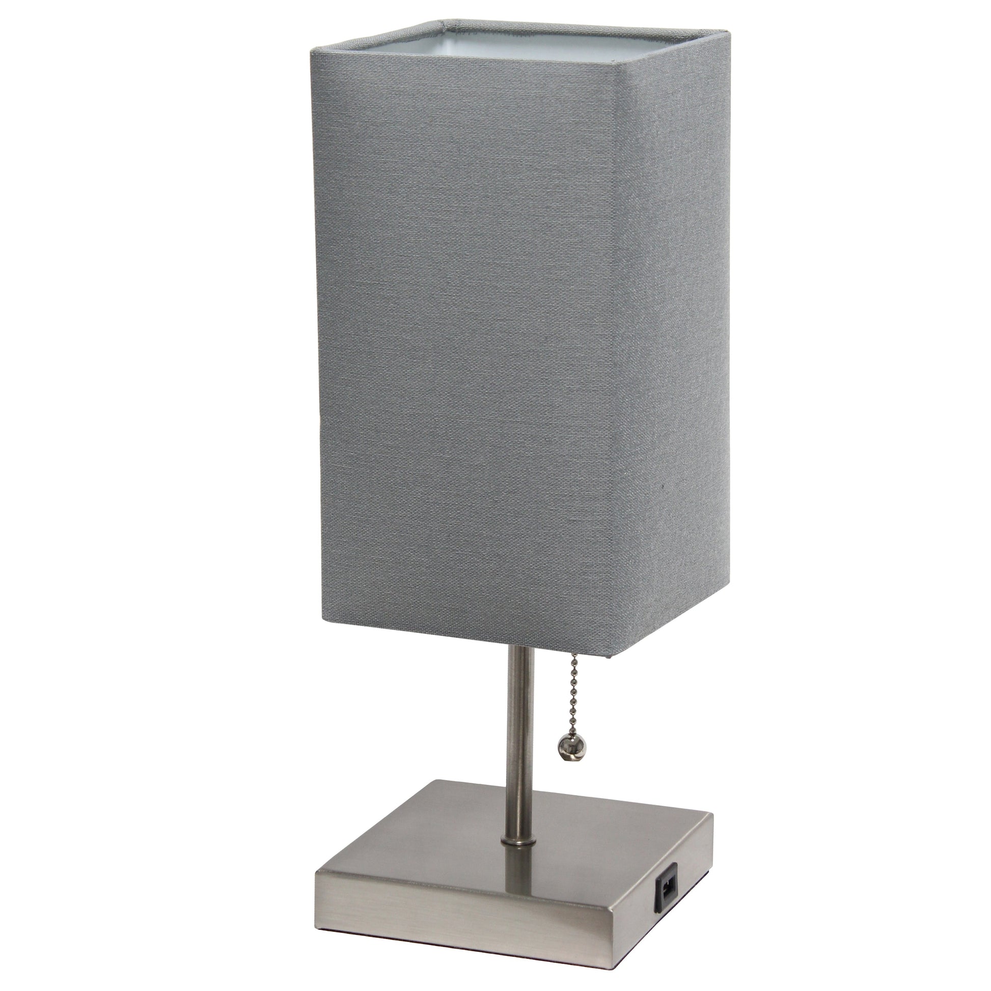 All The Rages Simple Designs Petite Brushed Nickel Stick Lamp With USB Charging Port & Gray Fabric Shade