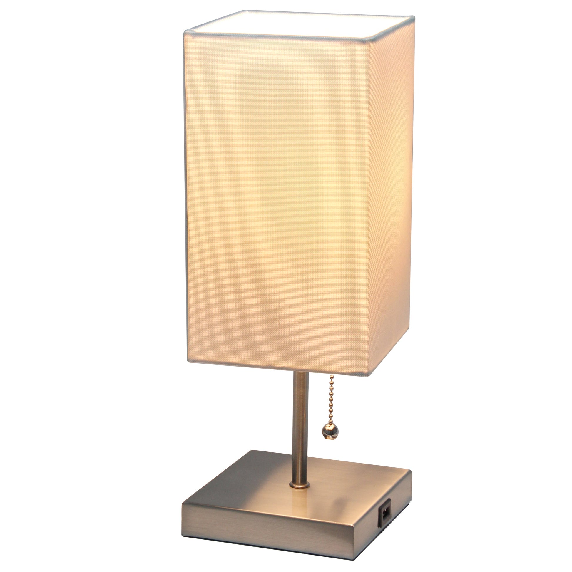 All The Rages Simple Designs Petite Brushed Nickel Stick Lamp With USB Charging Port & White Fabric Shade