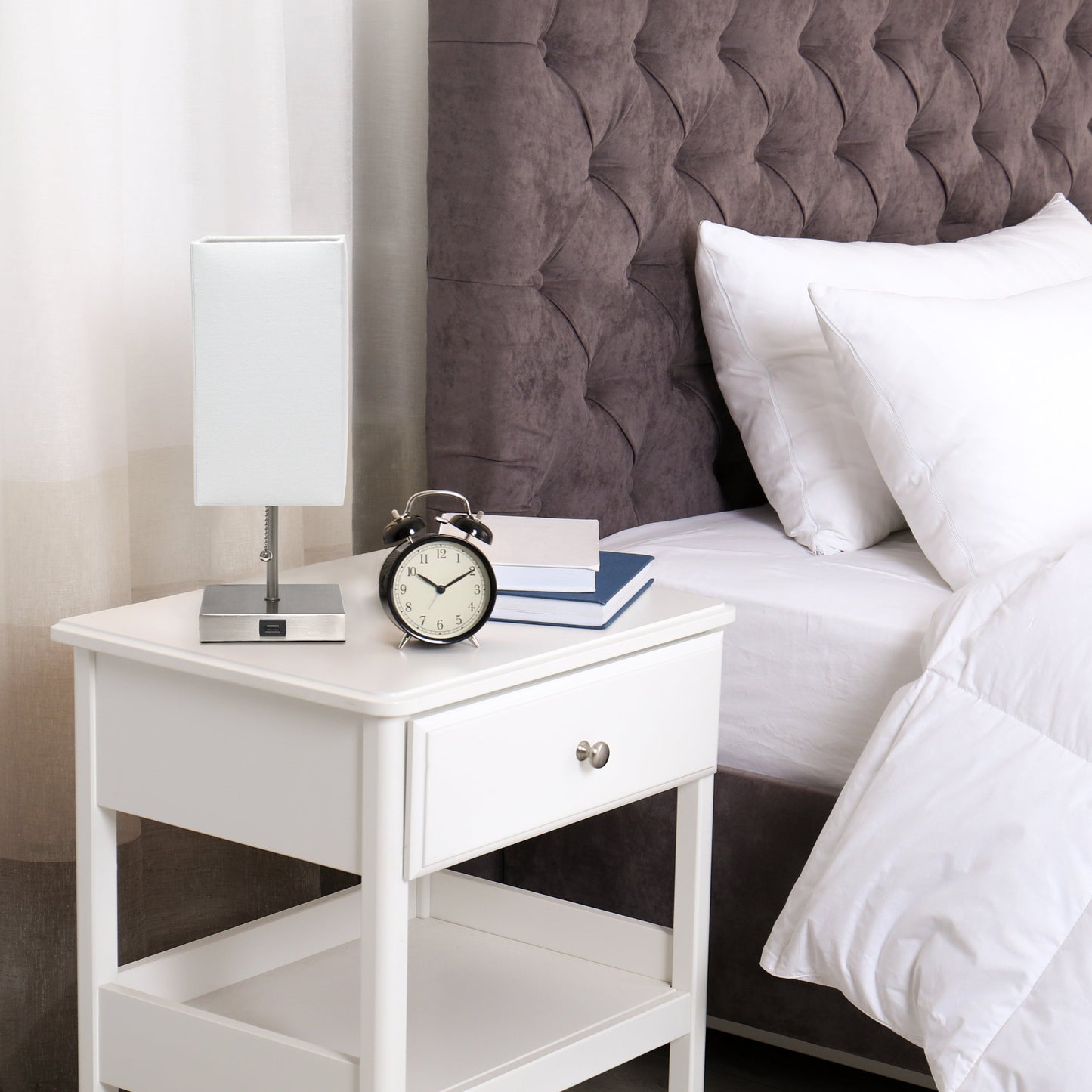 All The Rages Simple Designs Petite Brushed Nickel Stick Lamp With USB Charging Port & White Fabric Shade