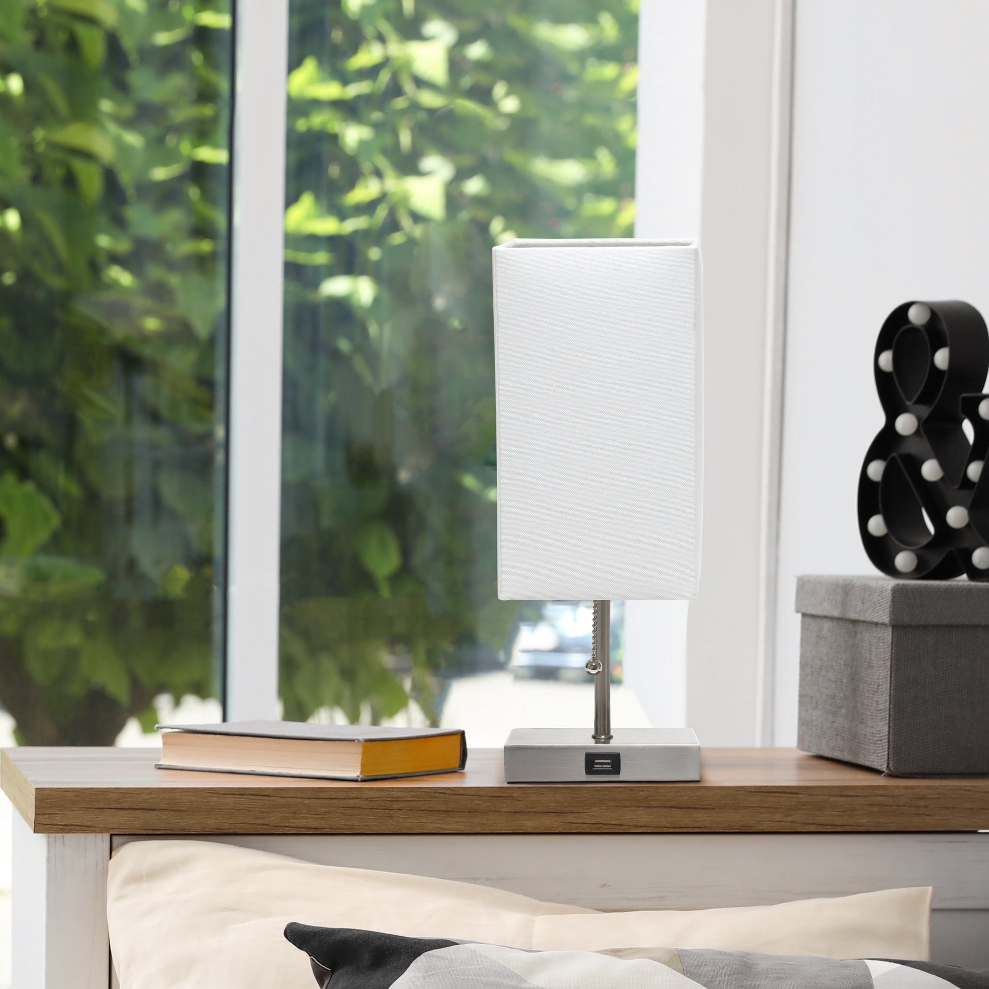 All The Rages Simple Designs Petite Brushed Nickel Stick Lamp With USB Charging Port & White Fabric Shade