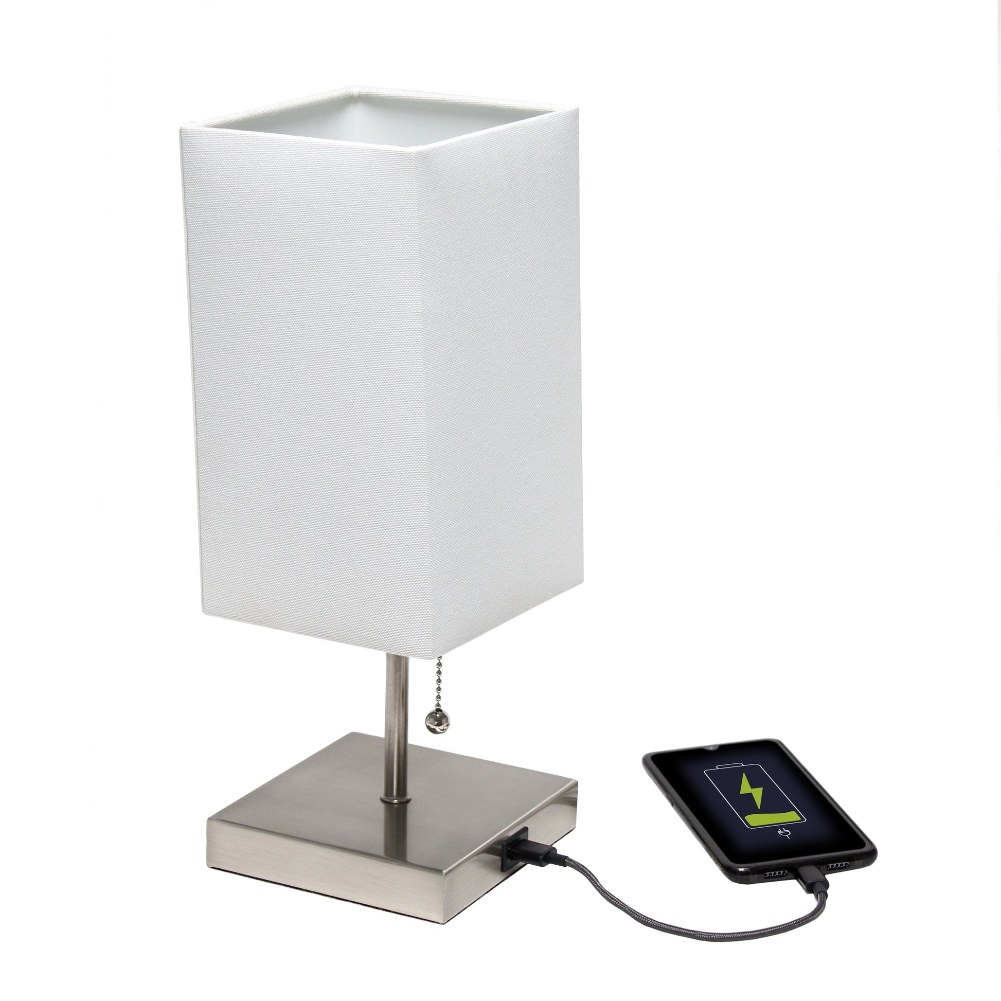 All The Rages Simple Designs Petite Brushed Nickel Stick Lamp With USB Charging Port & White Fabric Shade