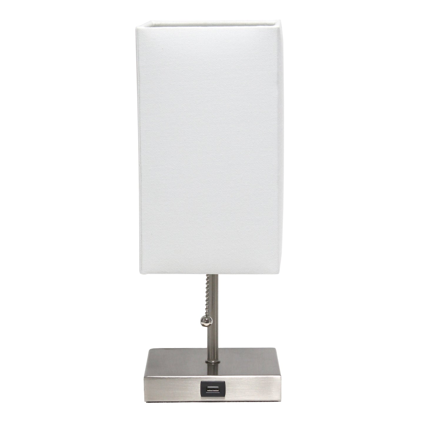 All The Rages Simple Designs Petite Brushed Nickel Stick Lamp With USB Charging Port & White Fabric Shade