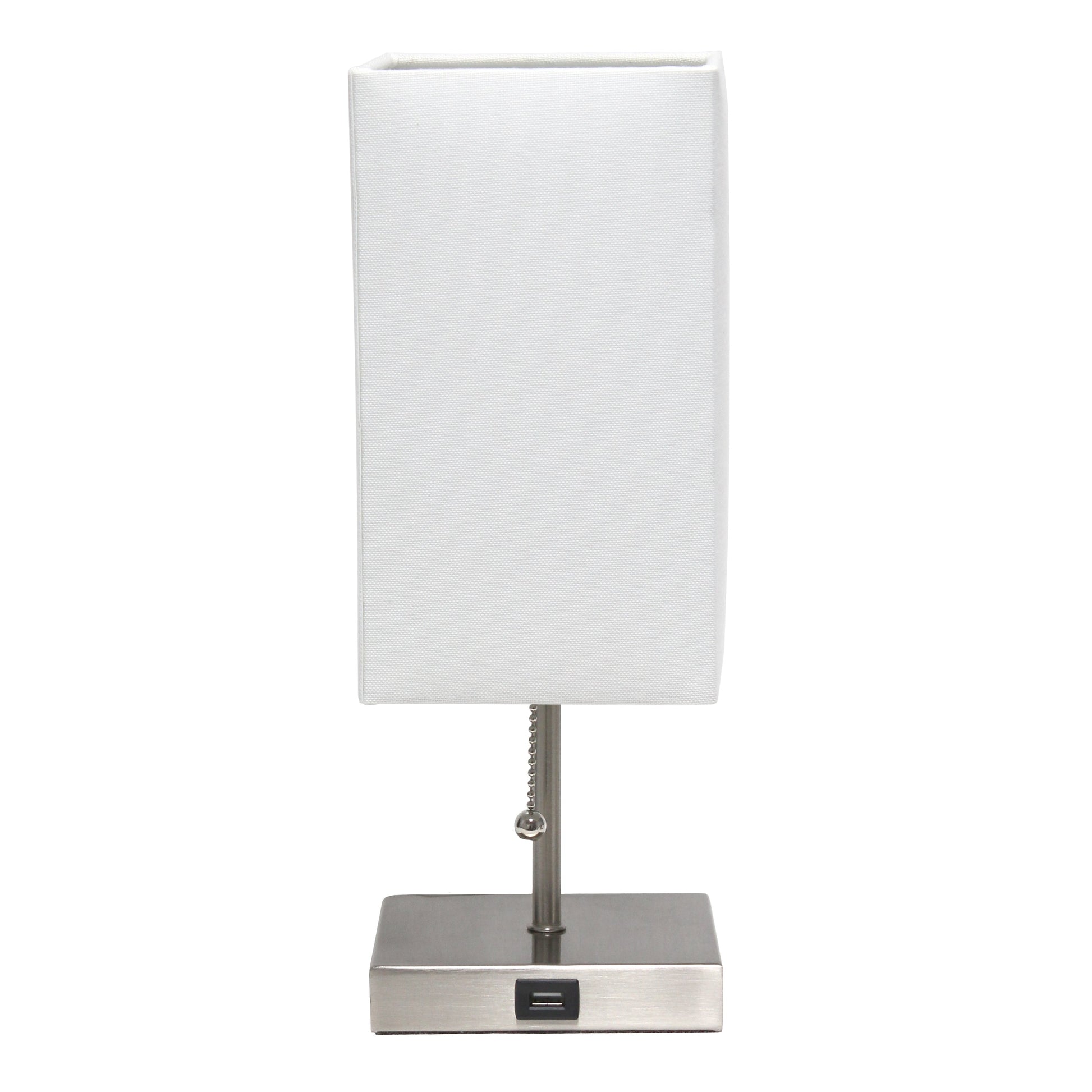 All The Rages Simple Designs Petite Brushed Nickel Stick Lamp With USB Charging Port & White Fabric Shade