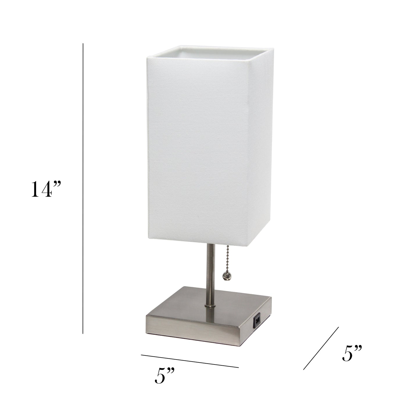 All The Rages Simple Designs Petite Brushed Nickel Stick Lamp With USB Charging Port & White Fabric Shade