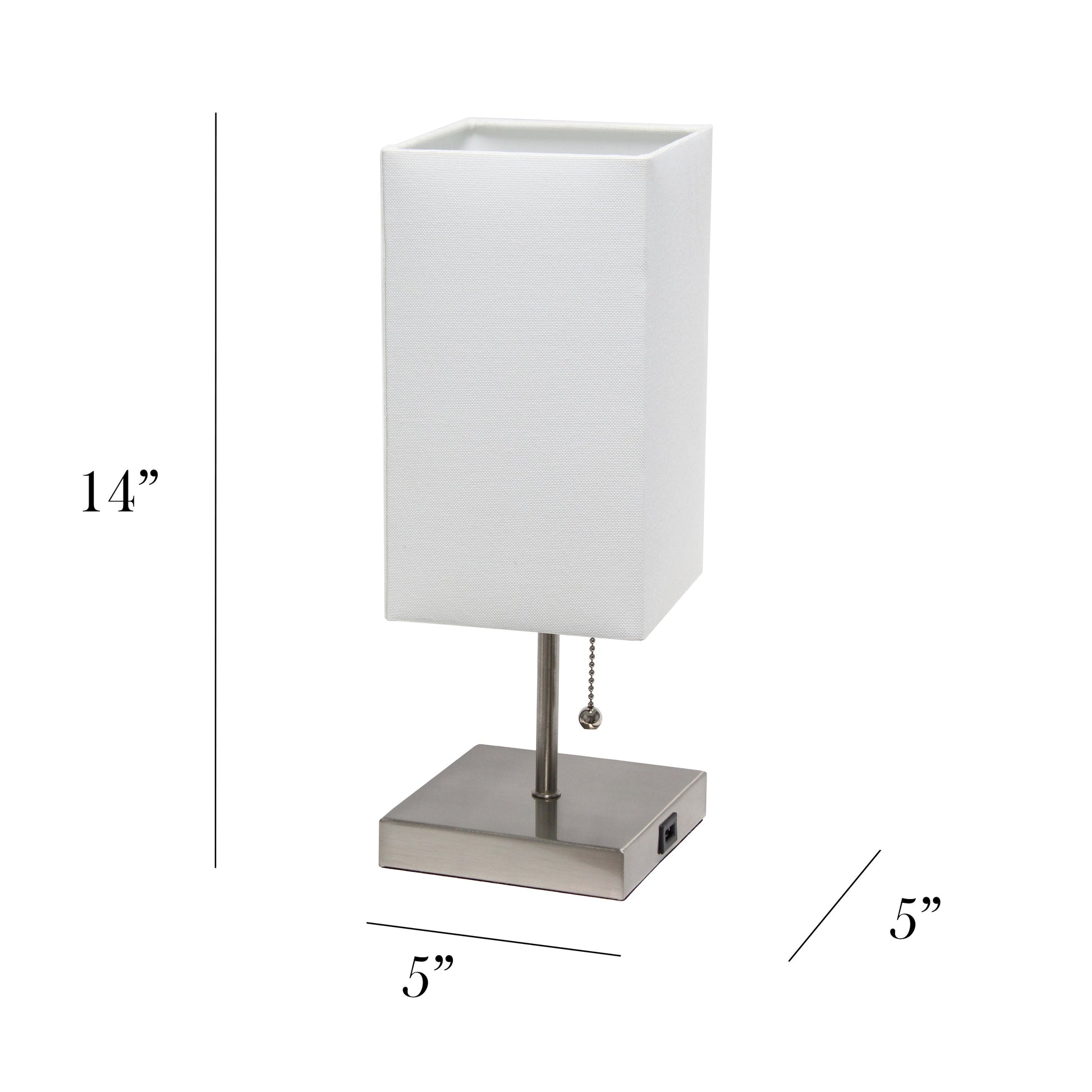All The Rages Simple Designs Petite Brushed Nickel Stick Lamp With USB Charging Port & White Fabric Shade