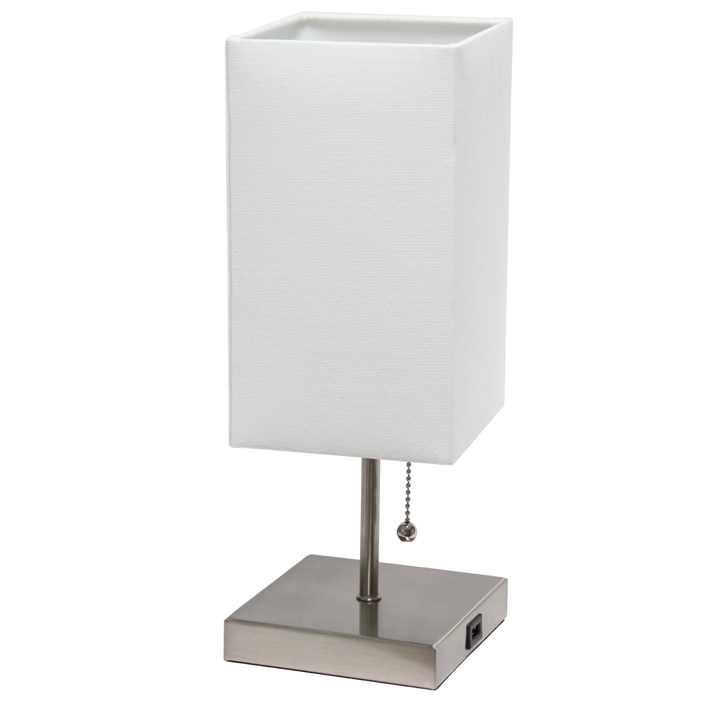 All The Rages Simple Designs Petite Brushed Nickel Stick Lamp With USB Charging Port & White Fabric Shade
